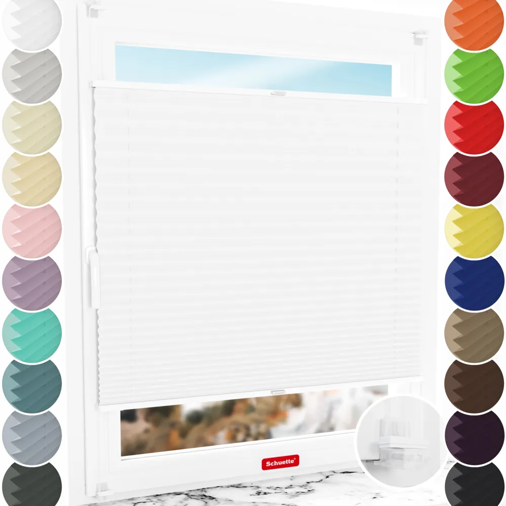 Schuette® Plissee ohne Bohren nach Maß • Suprafix Klemmhalter “Incognito X" • Thermo Kollektion: White Day (Weiß) • Profilfarbe: Weiß