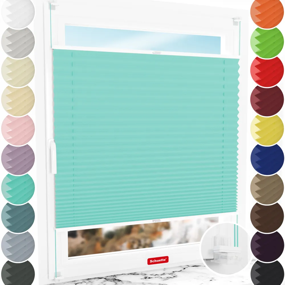 Schuette® Plissee ohne Bohren nach Maß • Suprafix Klemmhalter “Incognito X" • Thermo Kollektion: Tide Tune (Türkis) • Profilfarbe: Weiß