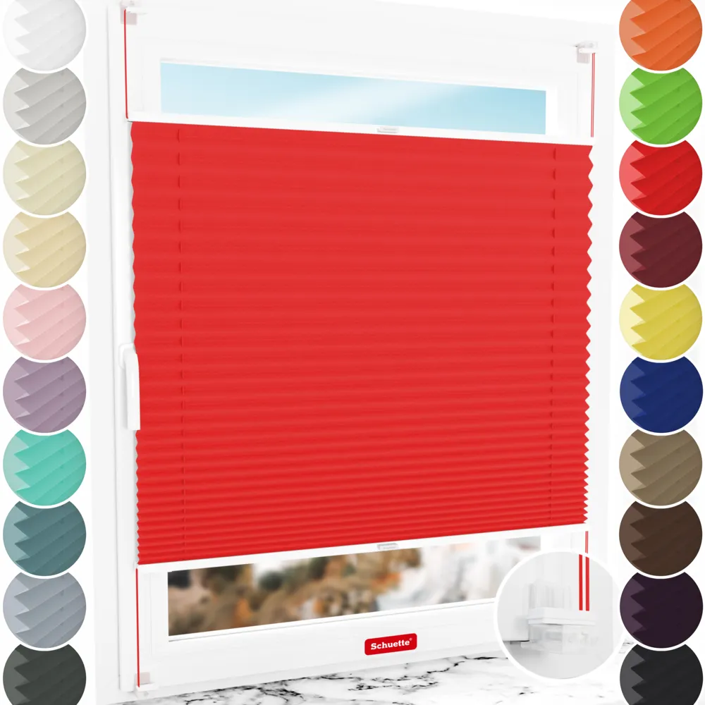 Schuette® Plissee ohne Bohren nach Maß • Suprafix Klemmhalter “Incognito X" • Thermo Kollektion: Cherry Charm (Rot) • Profilfarbe: Weiß