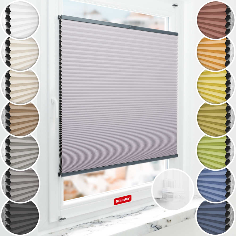 Schuette® Wabenplissee ohne Bohren nach Maß • Suprafix Klemmhalter “Incognito X" • Honey Kollektion: Sakura Sky (Pastelllila) • Profilfarbe: Anthrazit