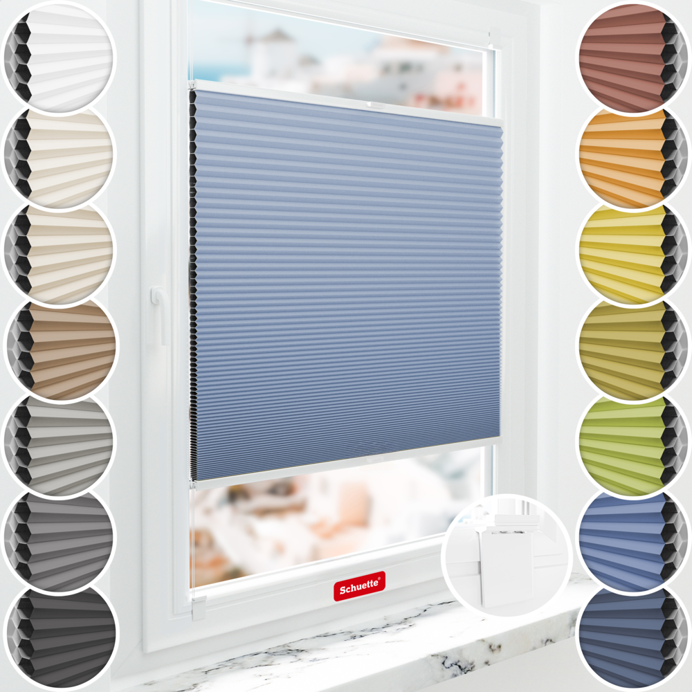 Schuette® Wabenplissee ohne Bohren nach Maß • Klebehalter & Schraubhalter 2in1 Set "Letsbond" • Honey Kollektion: Ocean Drive (Hellblau) • Profilfarbe: Eiche
