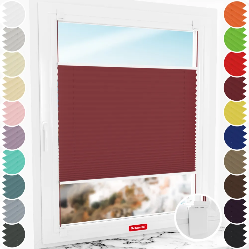 Schuette® Plissee ohne Bohren nach Maß • Suprafix Halterung “Zum Kleben” • Premium Kollektion: Ruby Riddle (Dunkelrot) • Profilfarbe: Silber