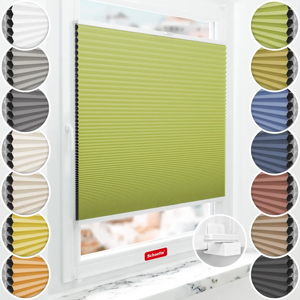 Schuette® Wabenplissee ohne Bohren nach Maß • Suprafix Klemmhalter "X" • Honey Kollektion: Green Tea (Grün) • Profilfarbe: Weiß