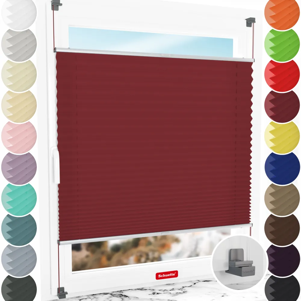 Schuette® Plissee ohne Bohren nach Maß • Suprafix Klemmhalter "X" • Premium Kollektion: Ruby Riddle (Dunkelrot) • Profilfarbe: Silber