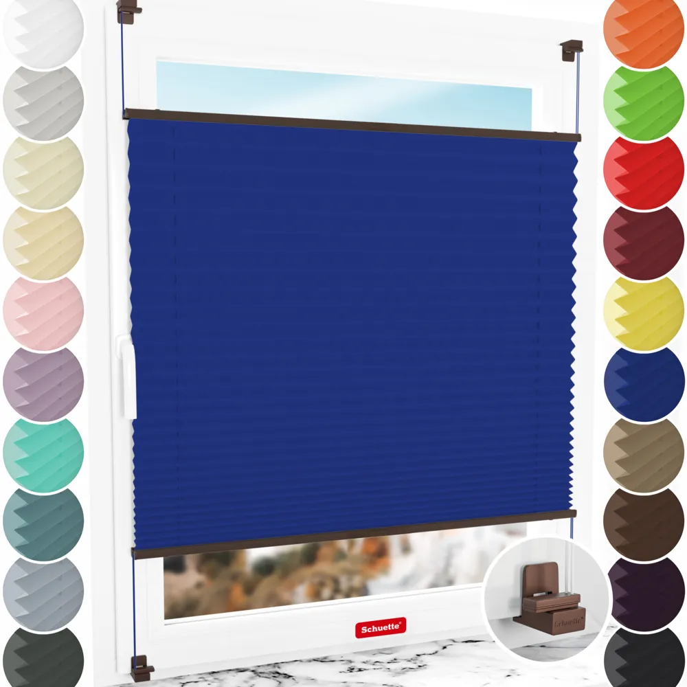Schuette® Plissee ohne Bohren nach Maß • Suprafix Klemmhalter "X" • Thermo Kollektion: Wave Waltz (Blau) • Profilfarbe: Walnuss