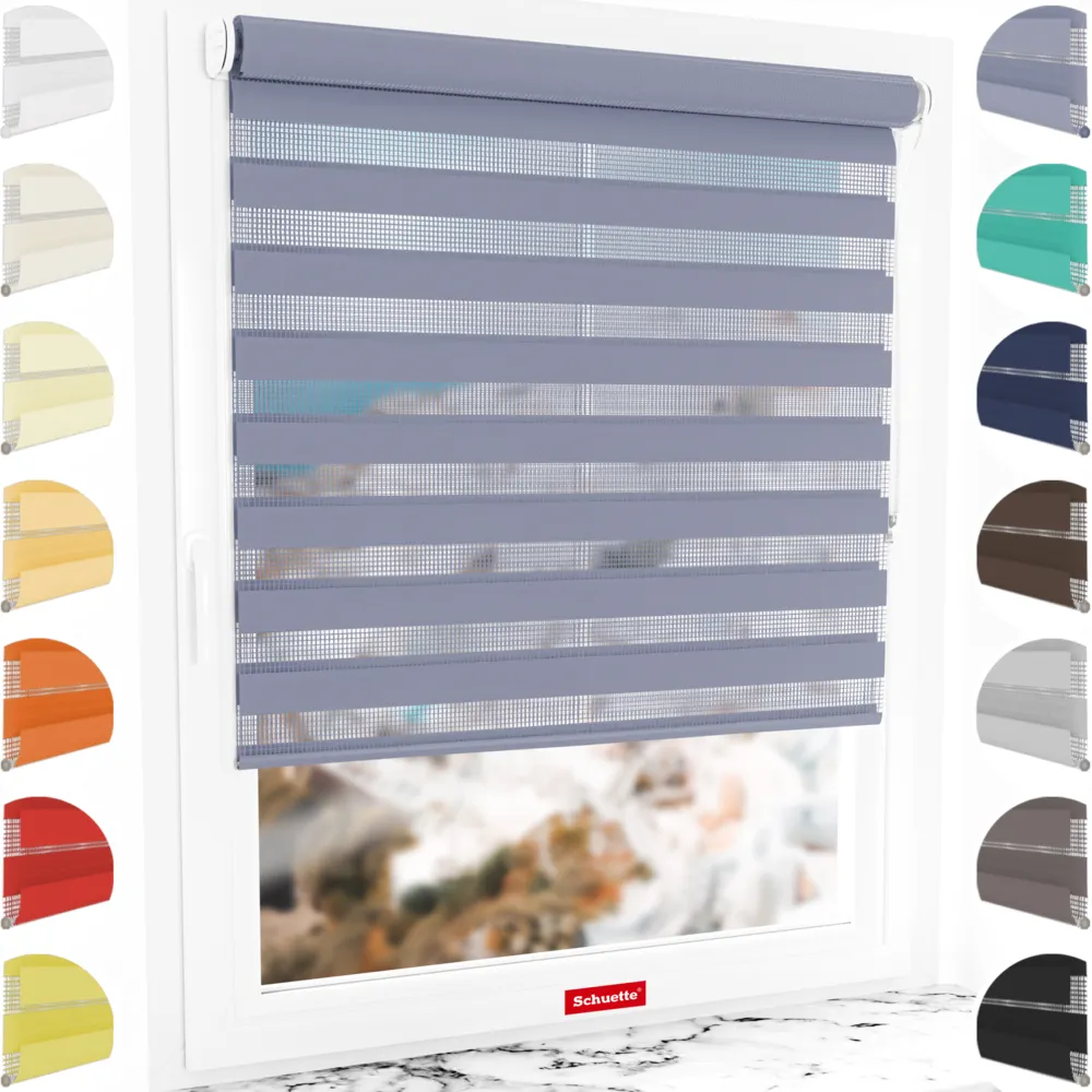 Schuette® Tag und Nacht Rollo ohne Bohren & mit Bohren 2in1 nach Maß • Doppelrollo Kollektion: Blooming Iris (Violett) • Profilfarbe: Weiß