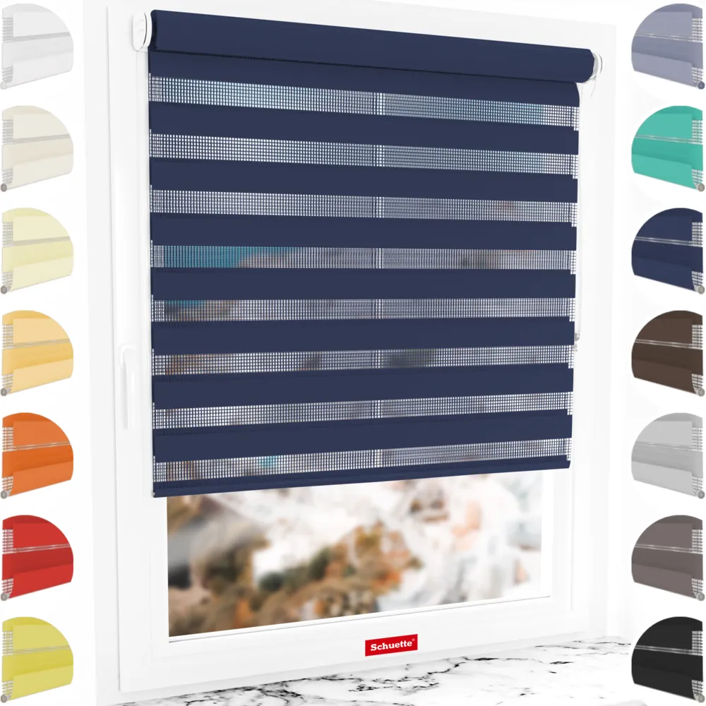 Schuette® Tag und Nacht Rollo ohne Bohren & mit Bohren 2in1 nach Maß • Doppelrollo Kollektion: Azure Coast (Dunkelblau) • Profilfarbe: Weiß
