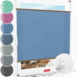 Schuette® Plissee ohne Bohren nach Maß • Suprafix Klemmhalter “Incognito X" • Melange Kollektion: Deep Sea (Blau) • Profilfarbe: Eiche