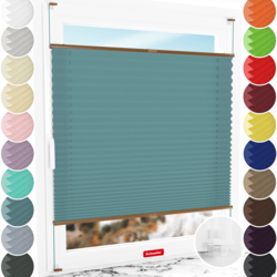 Schuette® Plissee ohne Bohren nach Maß • Suprafix Klemmhalter “Incognito X" • Premium Kollektion: Cove Calm (Taubenblau) • Profilfarbe: Eiche