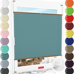 Schuette® Plissee ohne Bohren nach Maß • Suprafix Klemmhalter “Incognito X" • Thermo Kollektion: Teal Aura (Türkis) • Profilfarbe: Eiche
