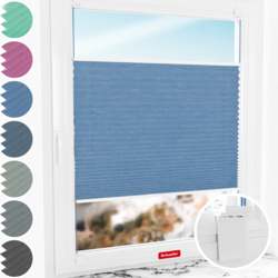 Schuette® Plissee ohne Bohren nach Maß • Suprafix Halterung “Zum Kleben” • Melange Kollektion: Deep Sea (Blau) • Profilfarbe: Eiche