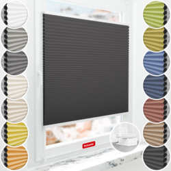 Schuette® Wabenplissee ohne Bohren nach Maß • Suprafix Klemmhalter "X" • Honey Kollektion: Starry Night (Schwarz) • Profilfarbe: Weiß