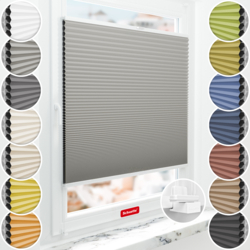 Schuette® Wabenplissee ohne Bohren nach Maß • Suprafix Klemmhalter "X" • Honey Kollektion: Silver Mist (Grau) • Profilfarbe: Weiß
