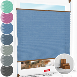 Schuette® Plissee ohne Bohren nach Maß • Suprafix Klemmhalter "X" • Melange Kollektion: Deep Sea (Blau) • Profilfarbe: Eiche