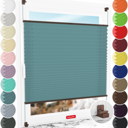 Schuette® Plissee ohne Bohren nach Maß • Suprafix Klemmhalter "X" • Premium Kollektion: Cove Calm (Taubenblau) • Profilfarbe: Walnuss