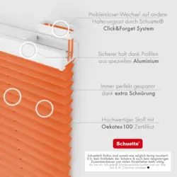 Schuette® Plissee mit Bohren nach Maß • Suprafix Halterungen “Mit Bohren” •  Premium Kollektion: Sunset (Orange) • Profilfarbe: Weiß