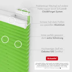 Schuette® Plissee ohne Bohren nach Maß • Suprafix Klemmhalter “Incognito" Standard • Thermo Kollektion: Leaf Joy (Grün) • Profilfarbe: Weiß