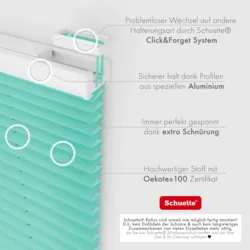 Schuette® Plissee ohne Bohren nach Maß • Suprafix Klemmhalter “Incognito X" • Thermo Kollektion: Tide Tune (Türkis) • Profilfarbe: Weiß