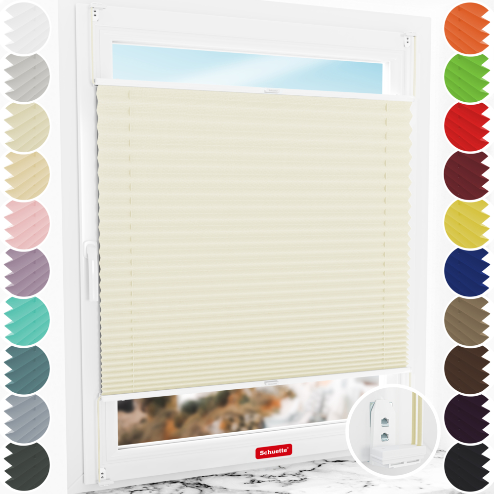 Schuette® Plissee mit Bohren nach Maß • Suprafix "Double 2in1" Schraub- & Klemmhalter • Thermo Kollektion: Sandstone (Beige) • Profilfarbe: Weiß