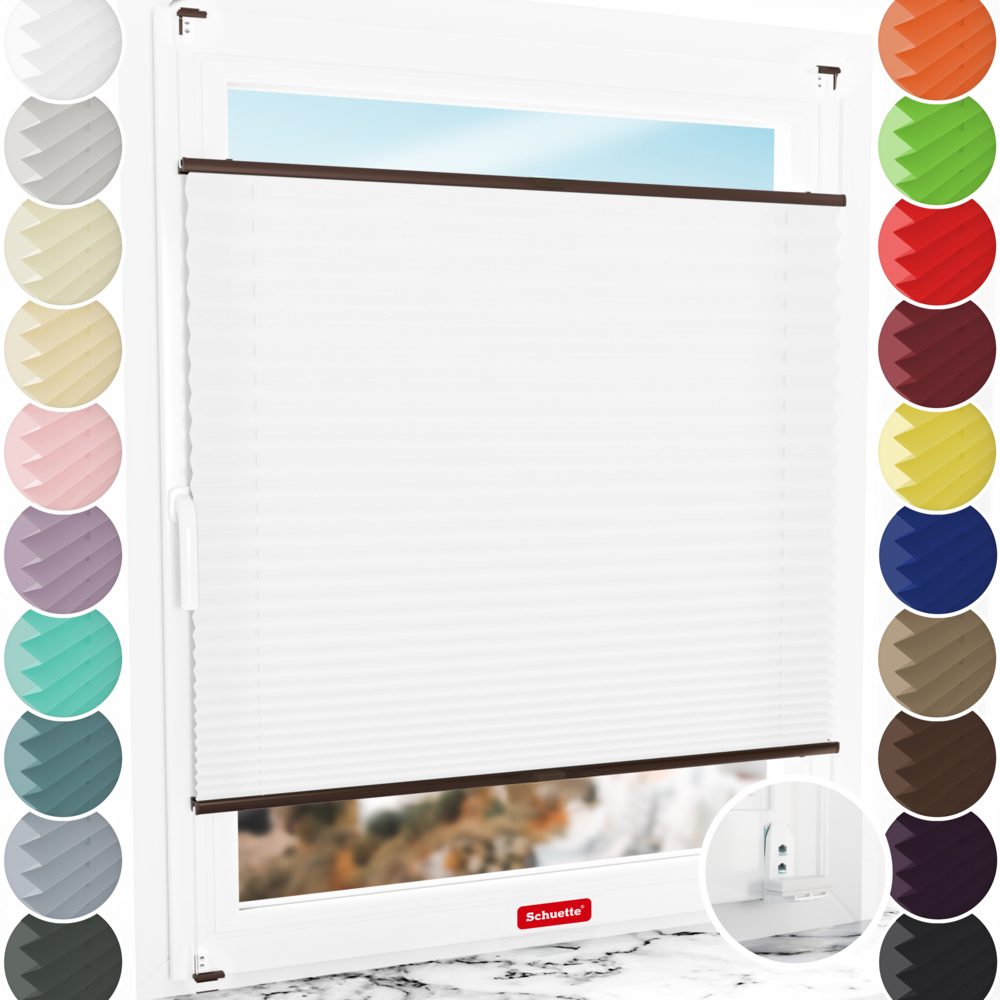 Schuette® Plissee mit Bohren nach Maß • Suprafix "Double 2in1" Schraub- & Klemmhalter • Premium Kollektion: White Day (Weiß) • Profilfarbe: Braun