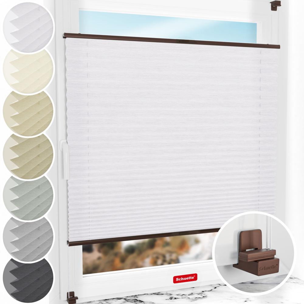Schuette® Plissee ohne Bohren nach Maß • Suprafix Klemmhalter "X" • Dolomite Kollektion: Cold Morning (Grau) • Profilfarbe: Braun