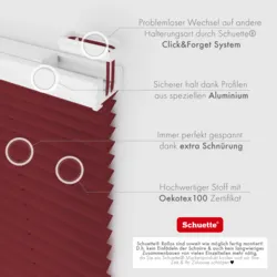 Schuette® Plissee mit Bohren nach Maß • Suprafix "Double 2in1" Schraub- & Klemmhalter • Premium Kollektion: Ruby Riddle (Dunkelrot) • Profilfarbe: Eiche