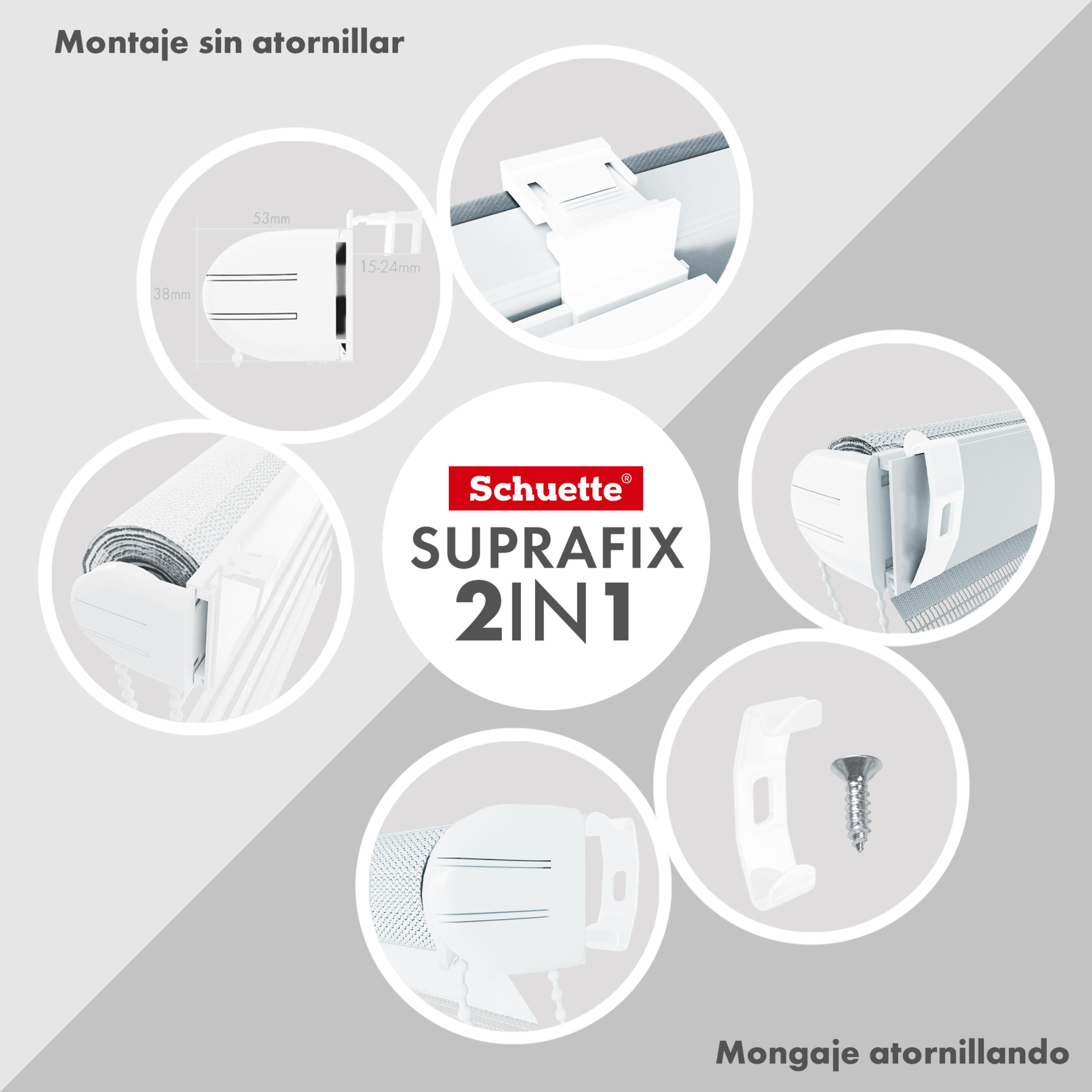 Soporte de pinza Schuette® Suprafix (incl. almohadillas adhesivas) y soporte de tornillo de clip (incl. tornillos)