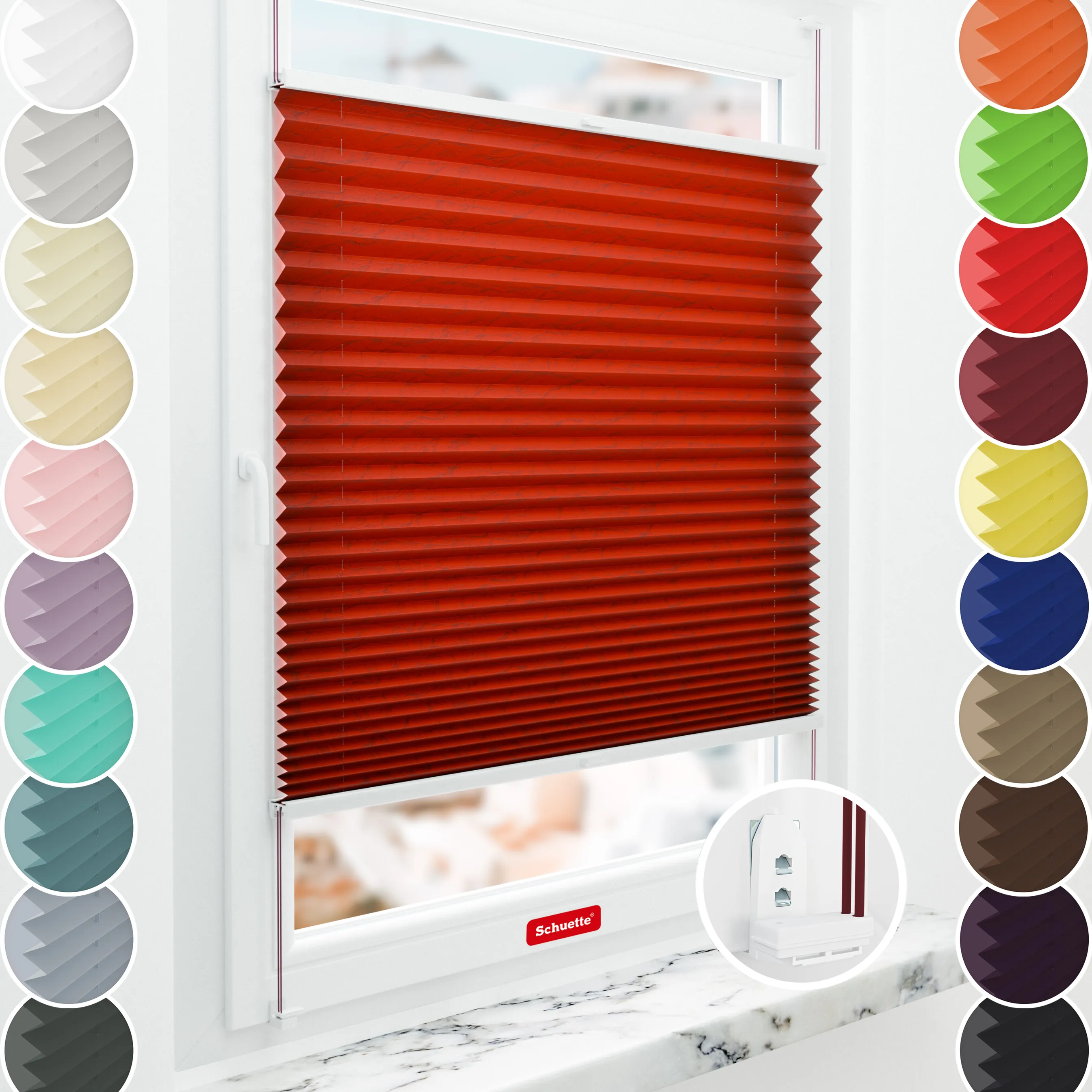 Schuette® Plissee mit Muster nach Maß • Limited Kollektion: Unbroken Hear (Rot) • Suprafix "Double 2in1" Schraub- & Klemmhalter • Profilfarbe: Silber