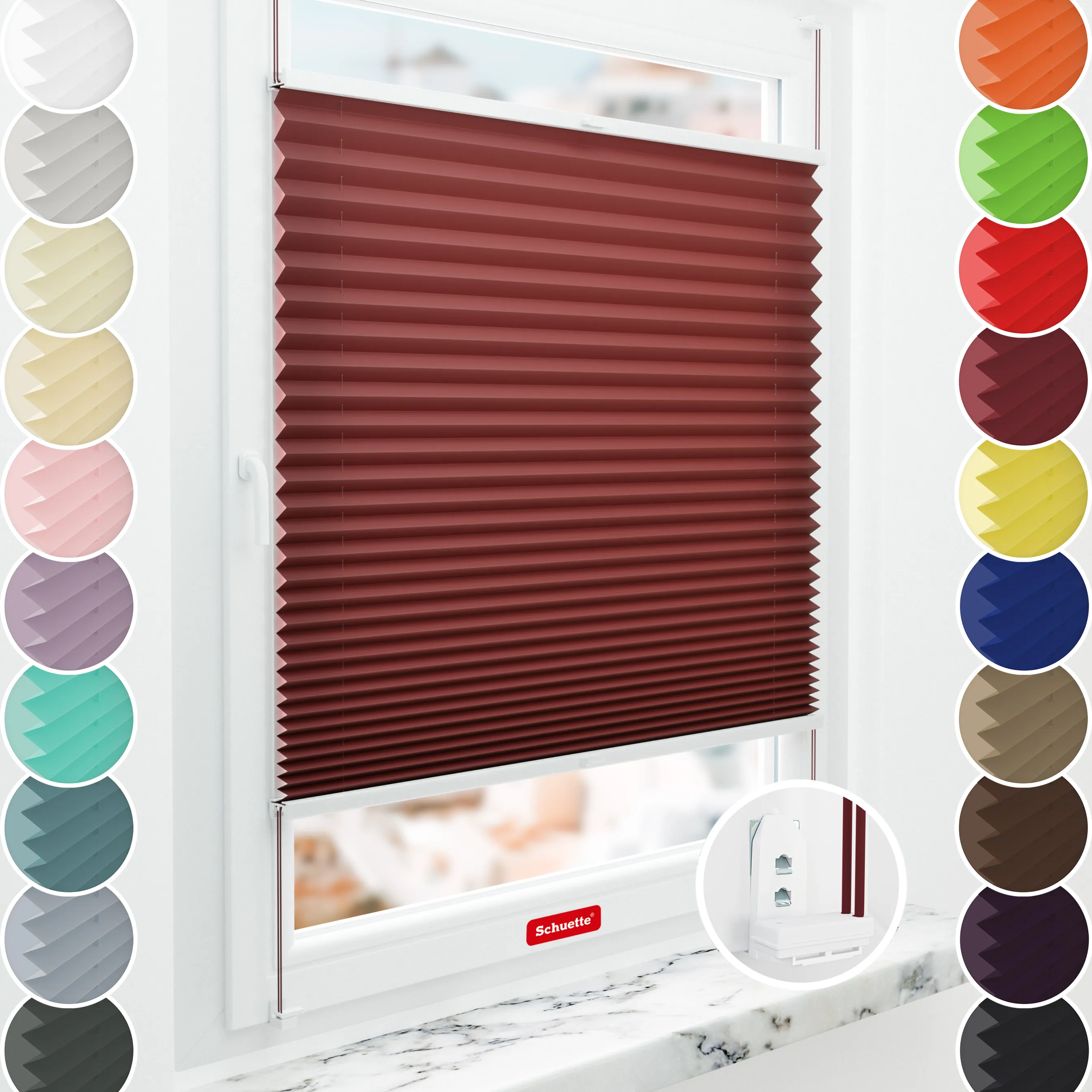 Schuette® Plissee mit Muster nach Maß • Limited Kollektion: Burning Desire (Rot) • Suprafix "Double 2in1" Schraub- & Klemmhalter • Profilfarbe: Braun