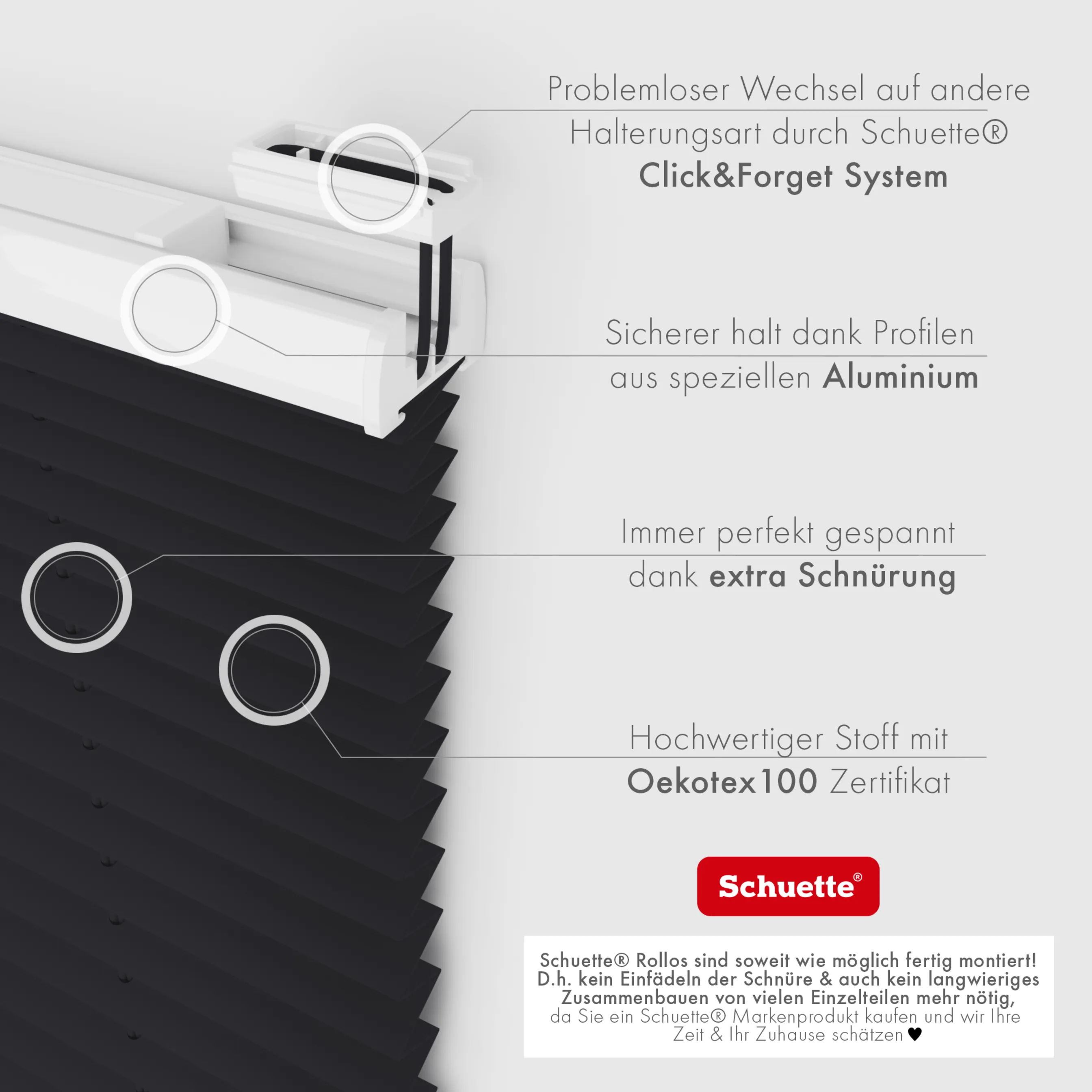 Schuette® Plissee ohne Bohren nach Maß • Suprafix Klemmhalter “Incognito X" • Premium Kollektion: Silesian Coal (Schwarz) • Profilfarbe: Anthrazit