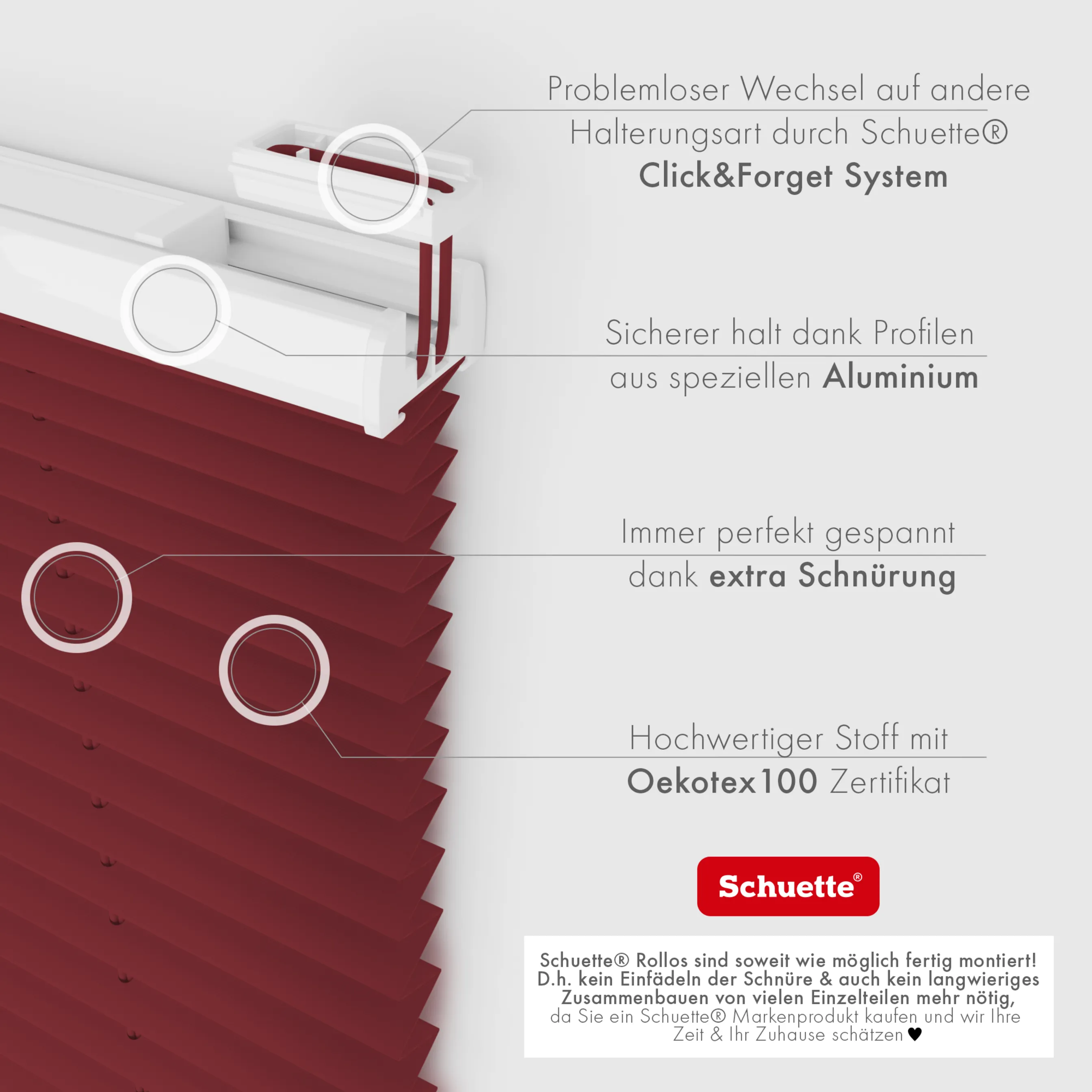 Schuette® Plissee mit Bohren nach Maß • Suprafix "Double 2in1" Schraub- & Klemmhalter • Premium Kollektion: Ruby Riddle (Dunkelrot) • Profilfarbe: Eiche