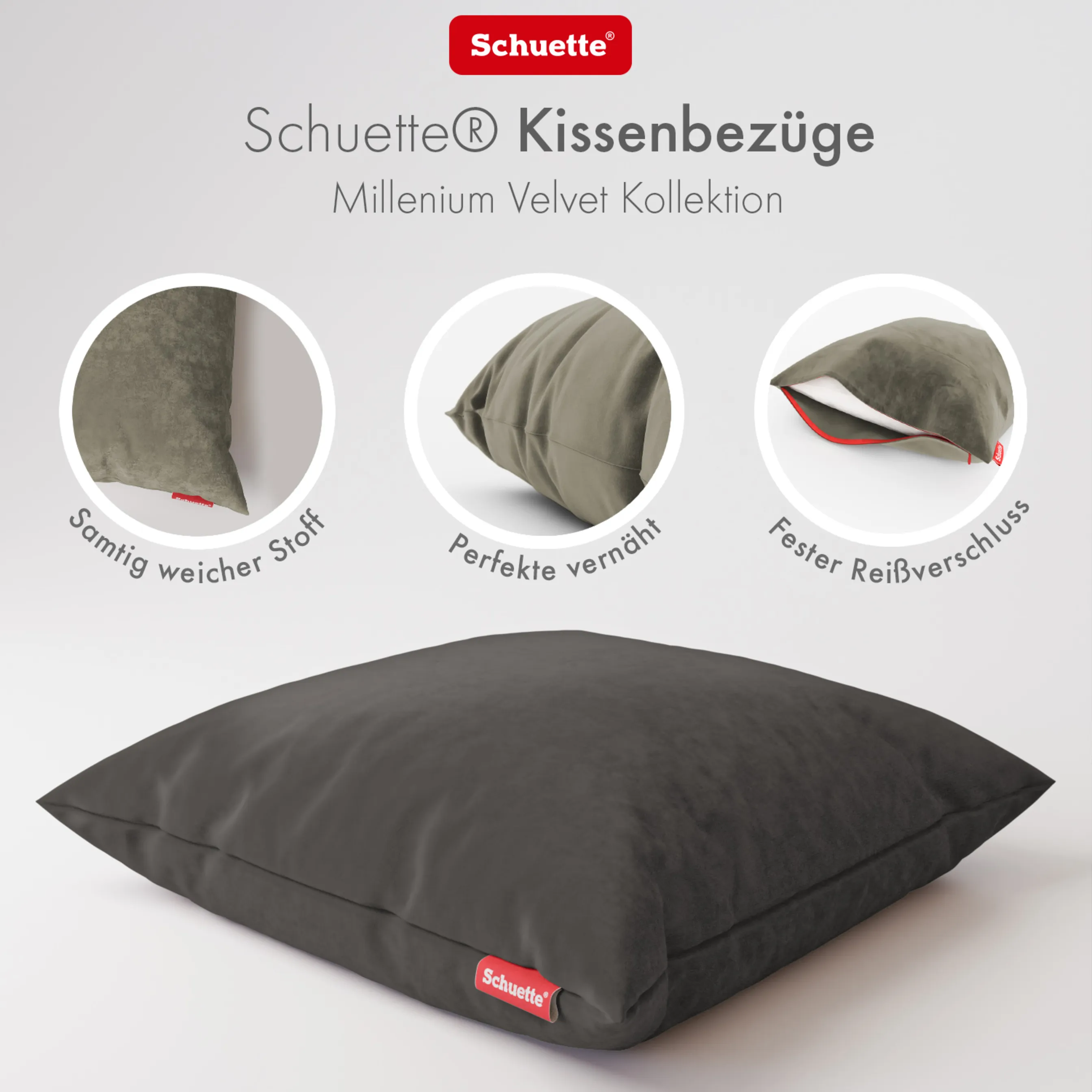 Schuette® Dekorativer Kissenbezug aus Samt mit verdecktem Reißverschluss • Millenium Velvet Kollektion: Great Wolf (Gray) • 1 Stück • Knitterfrei • Kuschelweich