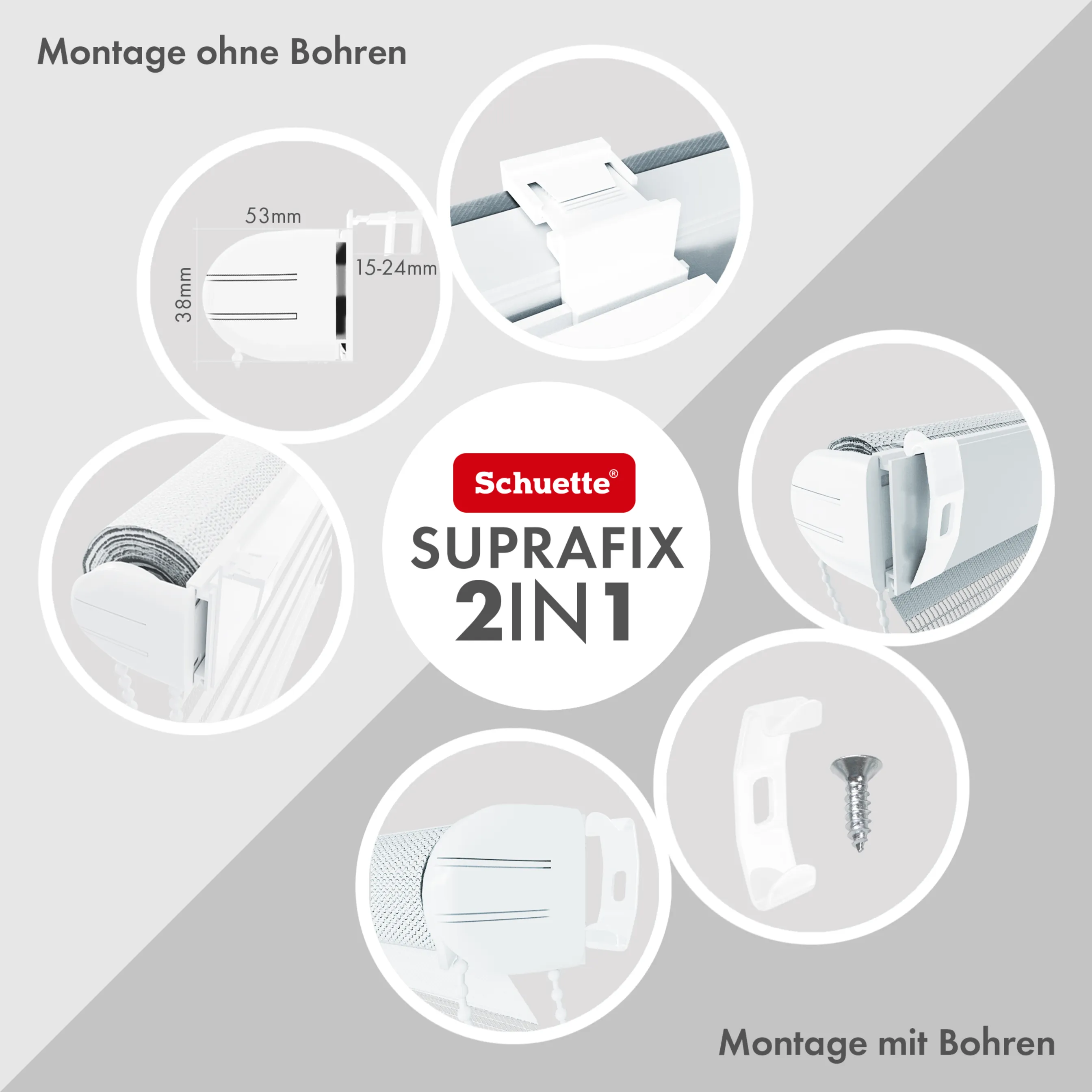 Schuette® Tag und Nacht Rollo ohne Bohren & mit Bohren 2in1 nach Maß • Doppelrollo Kollektion: White Snow (Weiß) • Profilfarbe: Weiß