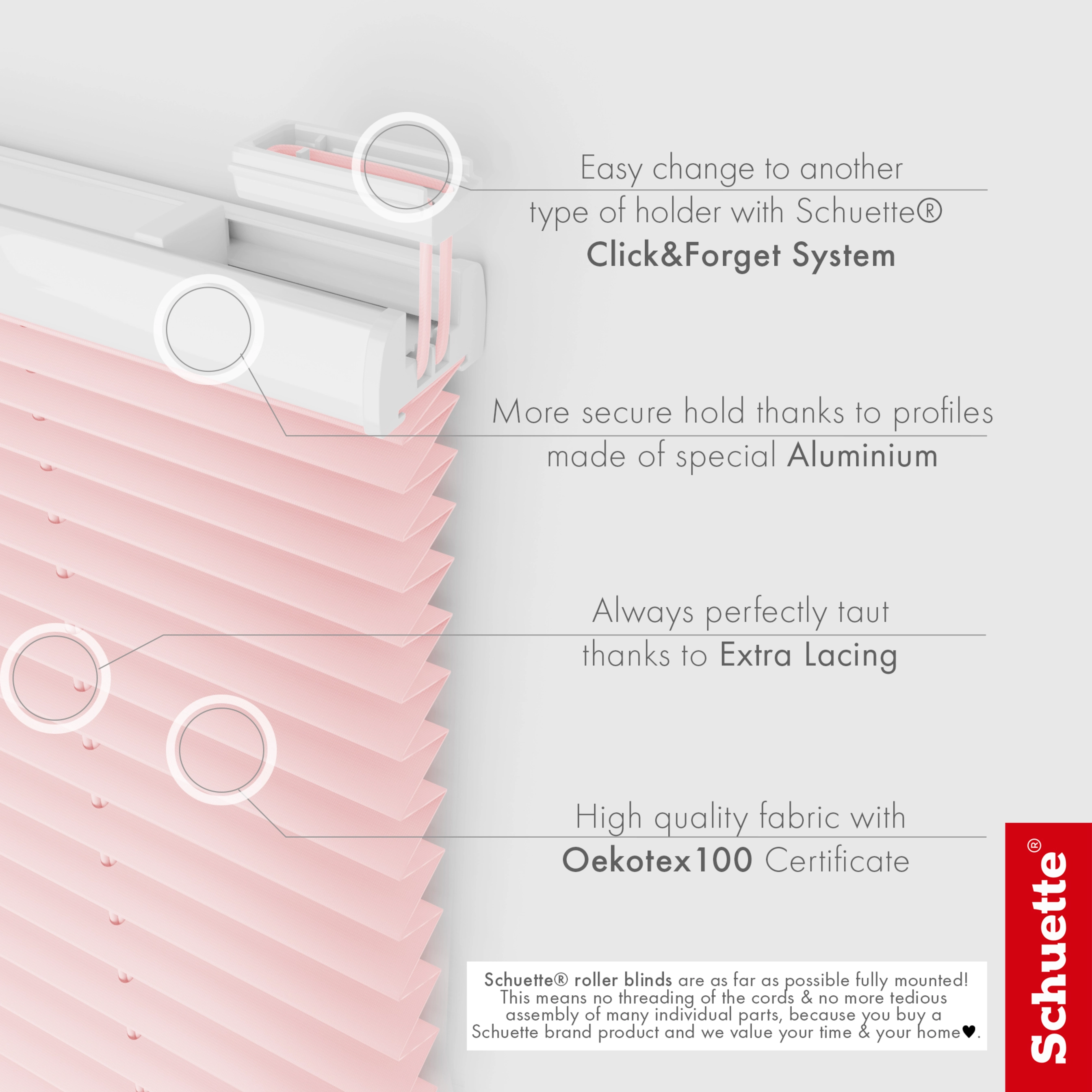 Schuette® Pleated Blind Made to Measure without Drilling • Premium Collection: Powdered Rose (Pink) • Profile Color: White