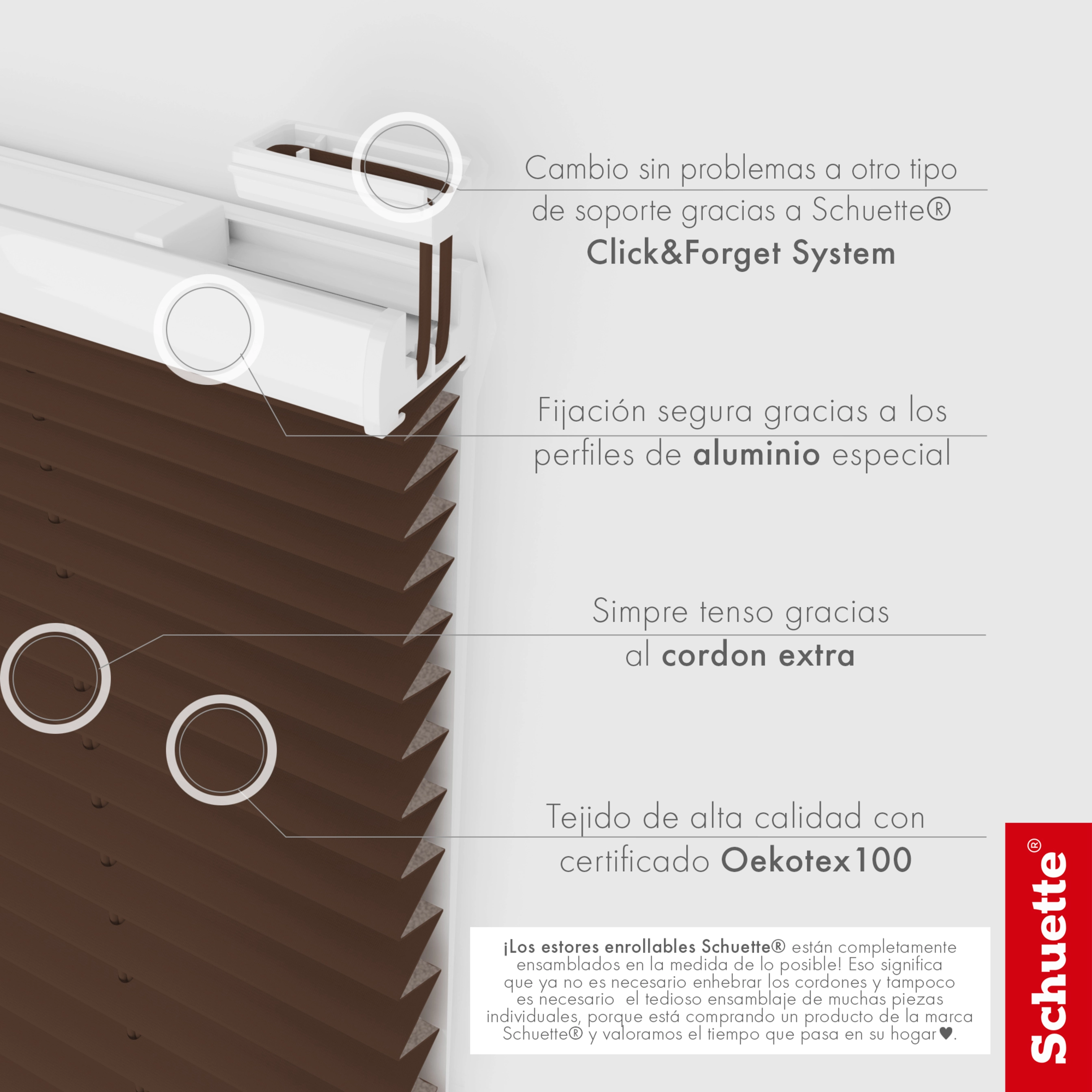 Schuette® Plissee ohne Bohren nach Maß • Suprafix Klemmhalter “Incognito" Standard • Thermo Kollektion: Toffee (Dunkelbraun) • Profilfarbe: Weiß