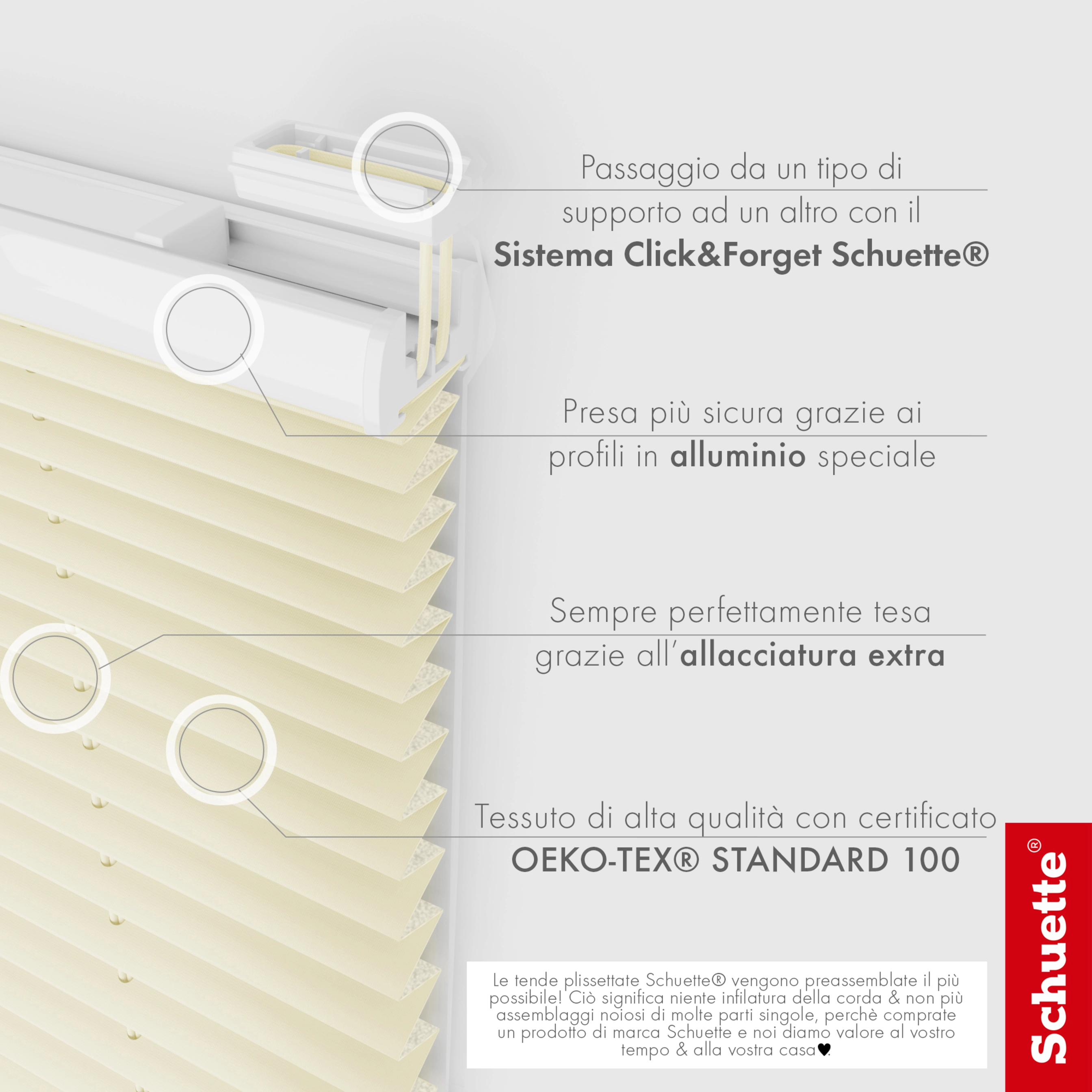 Schuette® Tenda plissettata su misura senza foratura • Suprafix Supporti a  morsetto “Incognito” Standard • Collezione Thermo: Sandstone (Beige) •  Colore profili: Quercia