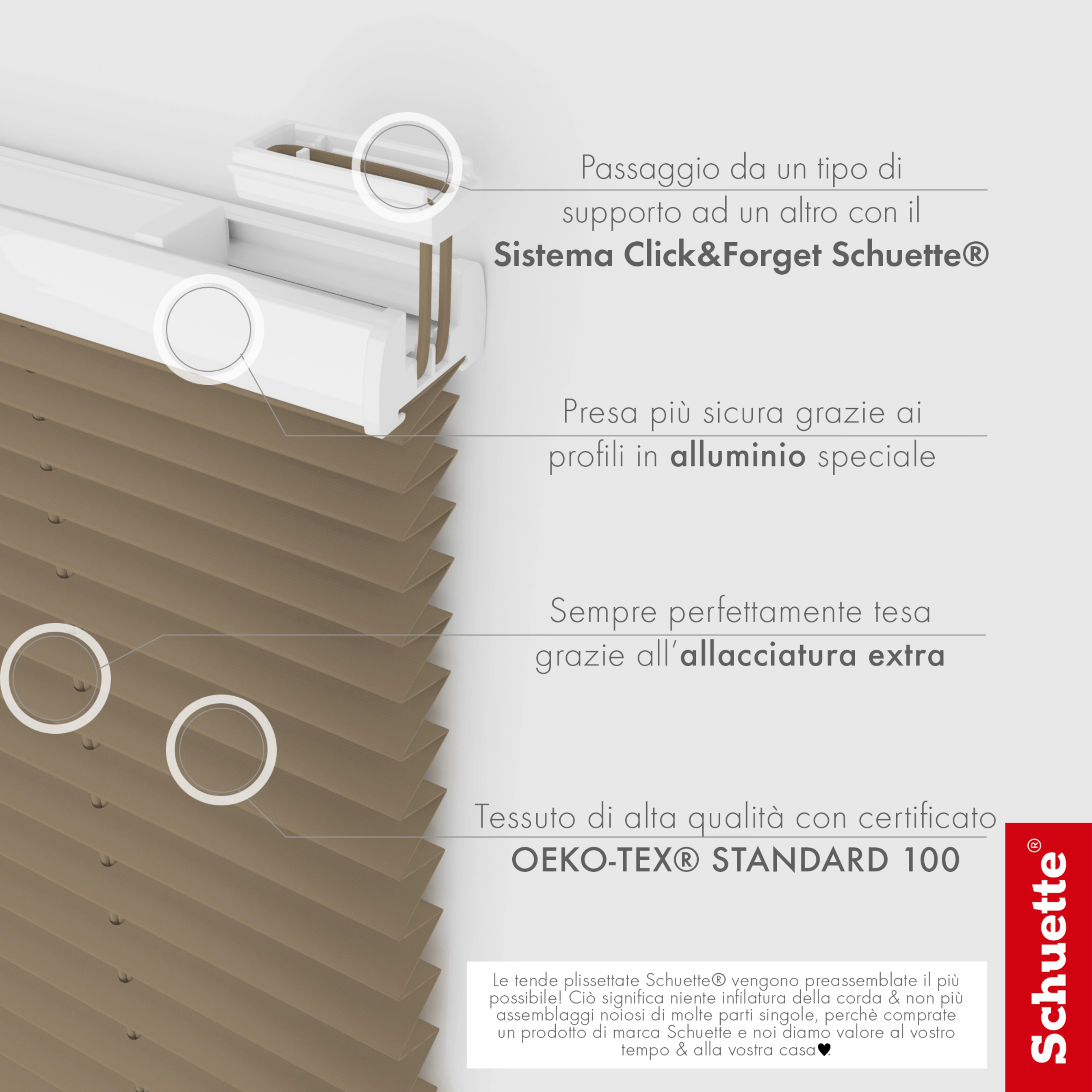 Schuette® Tenda plissettata su misura senza foratura • Suprafix Supporti  “Double 2in1” • Collezione Dolomite: Light Coffee (Beige) • Colore profili:  Antracite