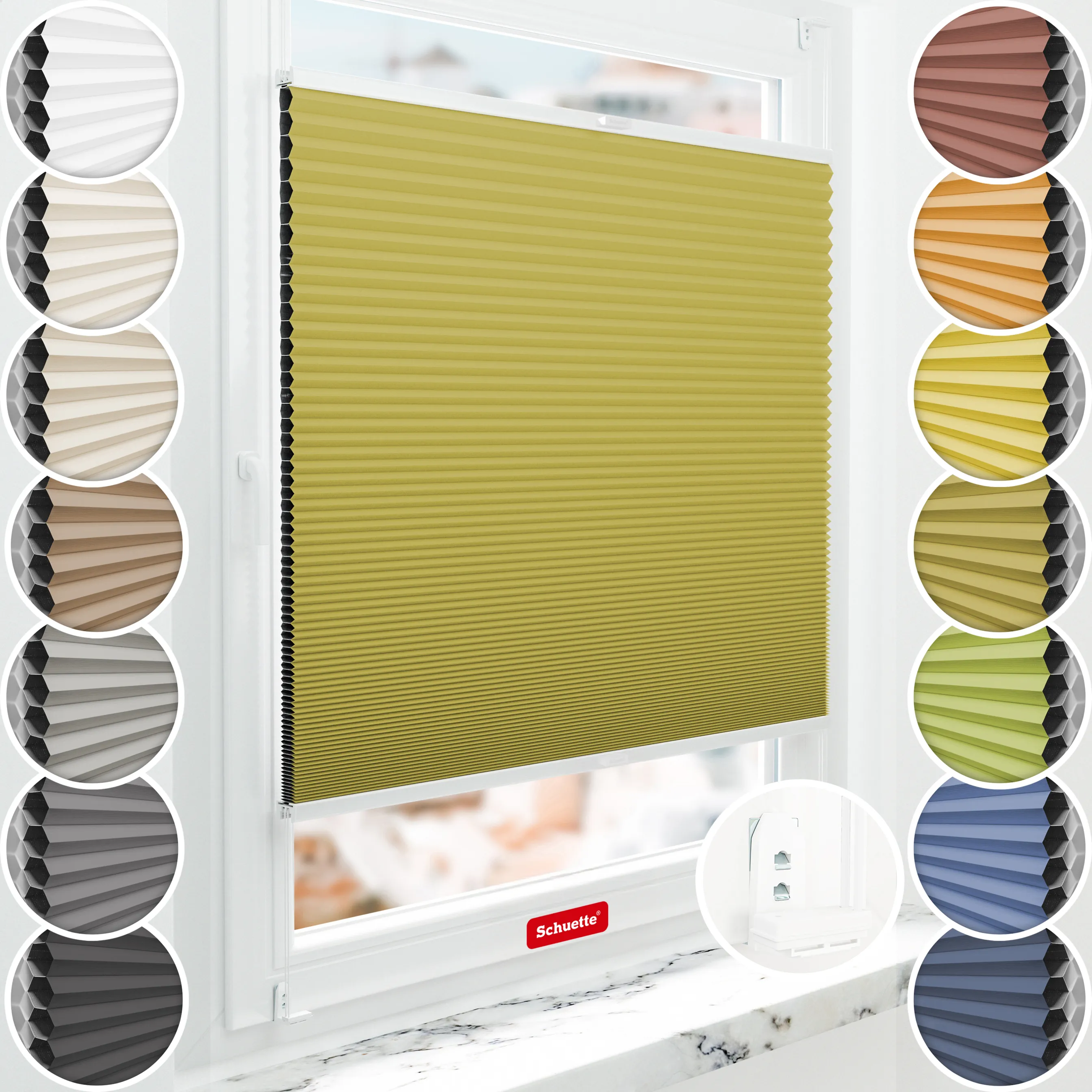 Schuette® Wabenplissee mit Bohren nach Maß • Suprafix "Double 2in1" Schraub- & Klemmhalter • Honey Kollektion: Olive Branch (Olivgrün) • Profilfarbe: Weiß