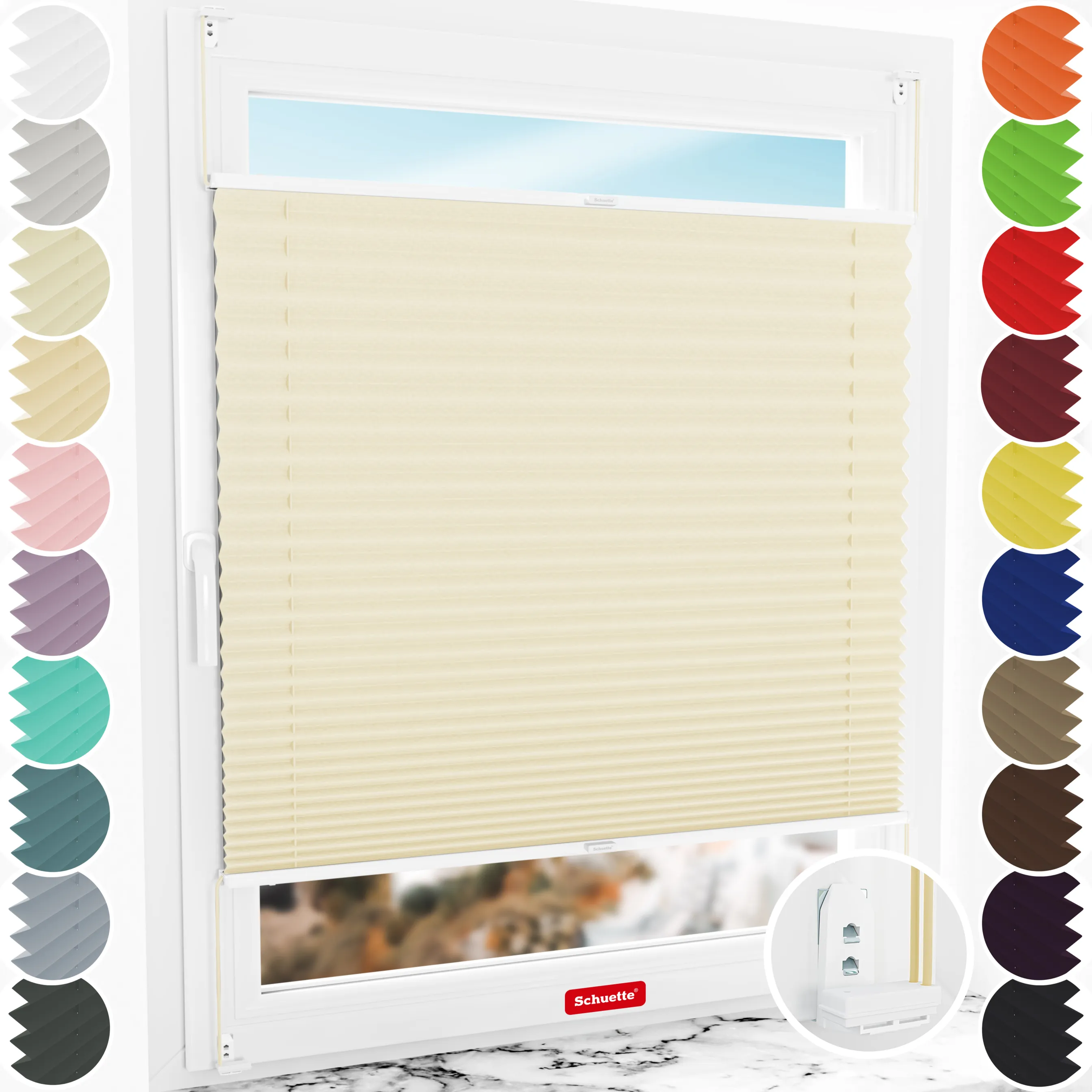 Schuette® Plissee mit Bohren nach Maß • Suprafix "Double 2in1" Schraub- & Klemmhalter • Thermo Kollektion: Milk Tea (Beige) • Profilfarbe: Weiß