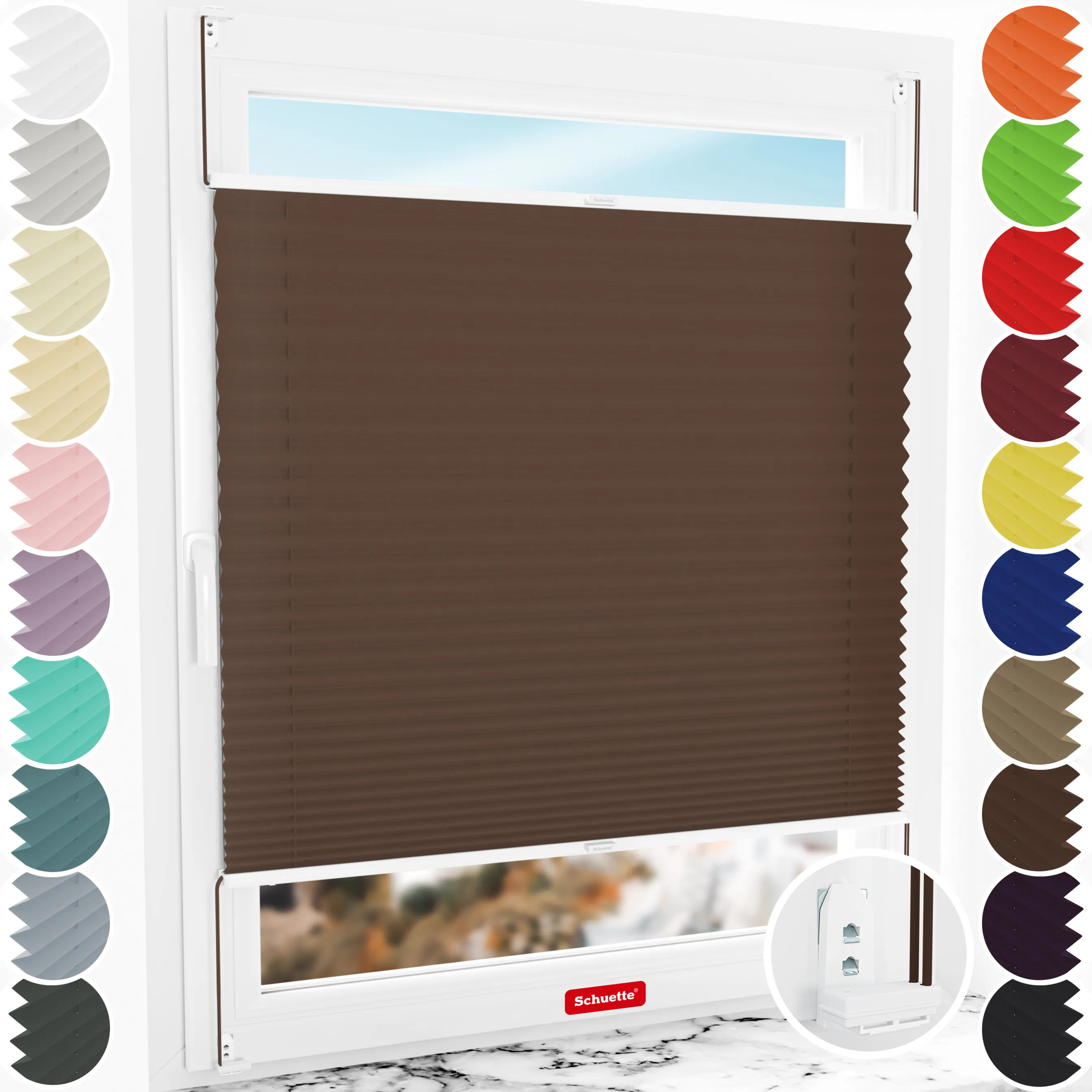 Schuette® Plissee mit Bohren nach Maß • Suprafix "Double 2in1" Schraub- & Klemmhalter • Thermo Kollektion: Toffee (Dunkelbraun) • Profilfarbe: Weiß