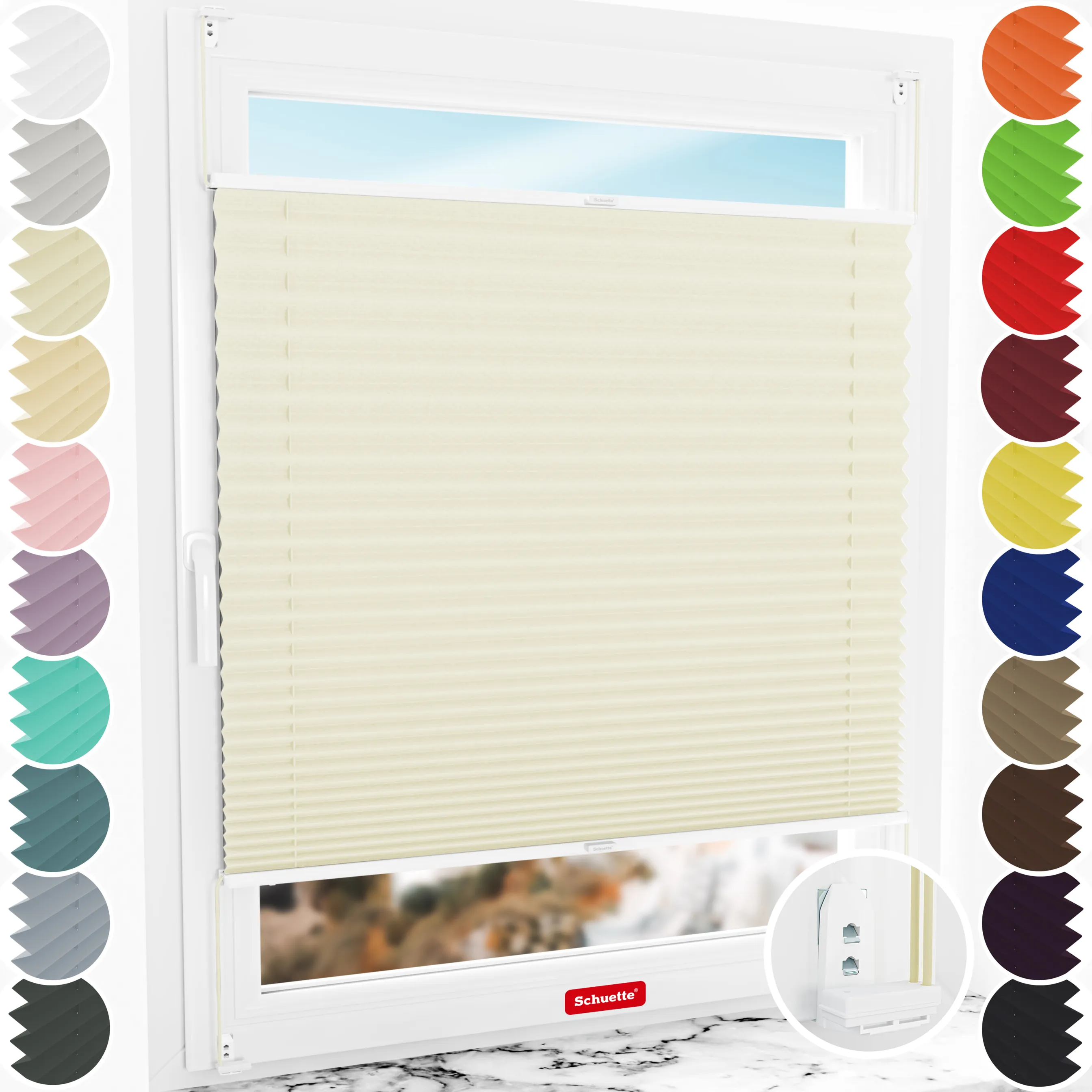 Schuette® Plissee mit Bohren nach Maß • Suprafix "Double 2in1" Schraub- & Klemmhalter • Thermo Kollektion: Sandstone (Beige) • Profilfarbe: Weiß