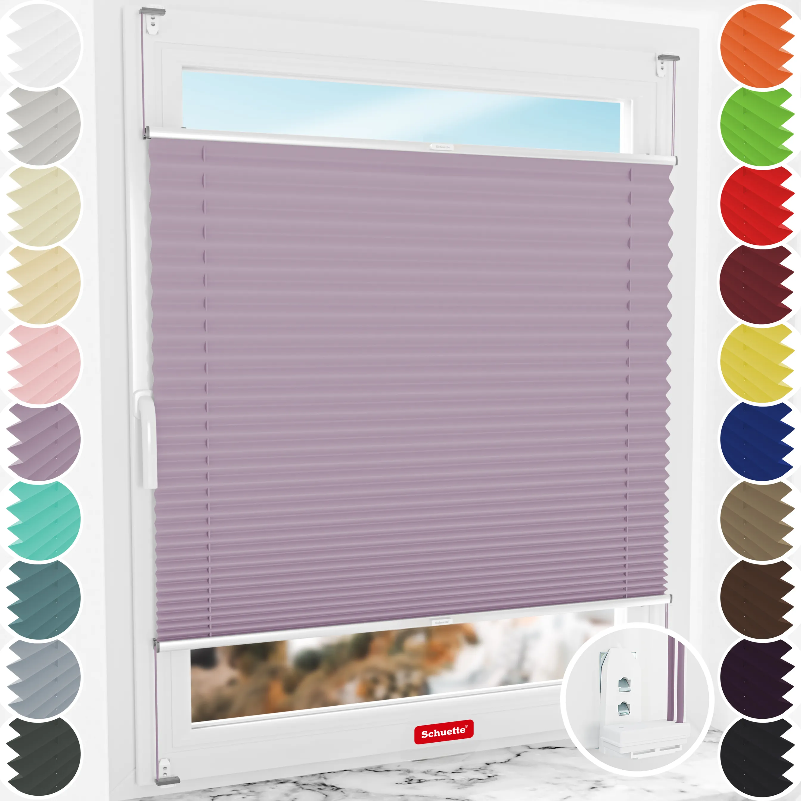 Schuette® Plissee mit Bohren nach Maß • Suprafix "Double 2in1" Schraub- & Klemmhalter • Thermo Kollektion: Pastel Grape (Lila) • Profilfarbe: Silber