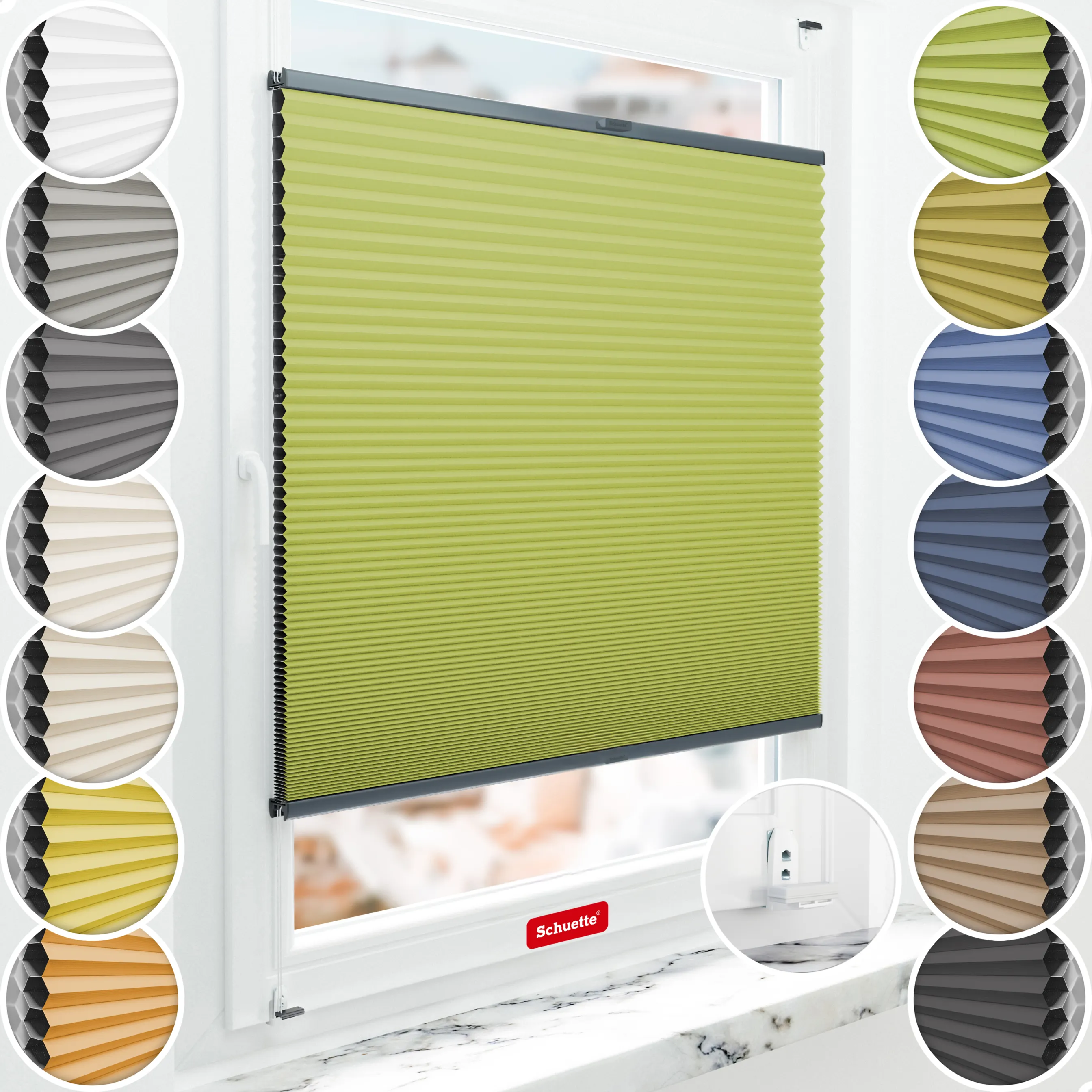 Schuette® Wabenplissee mit Bohren nach Maß • Suprafix "Double 2in1" Schraub- & Klemmhalter • Honey Kollektion: Green Tea (Grün) • Profilfarbe: Anthrazit