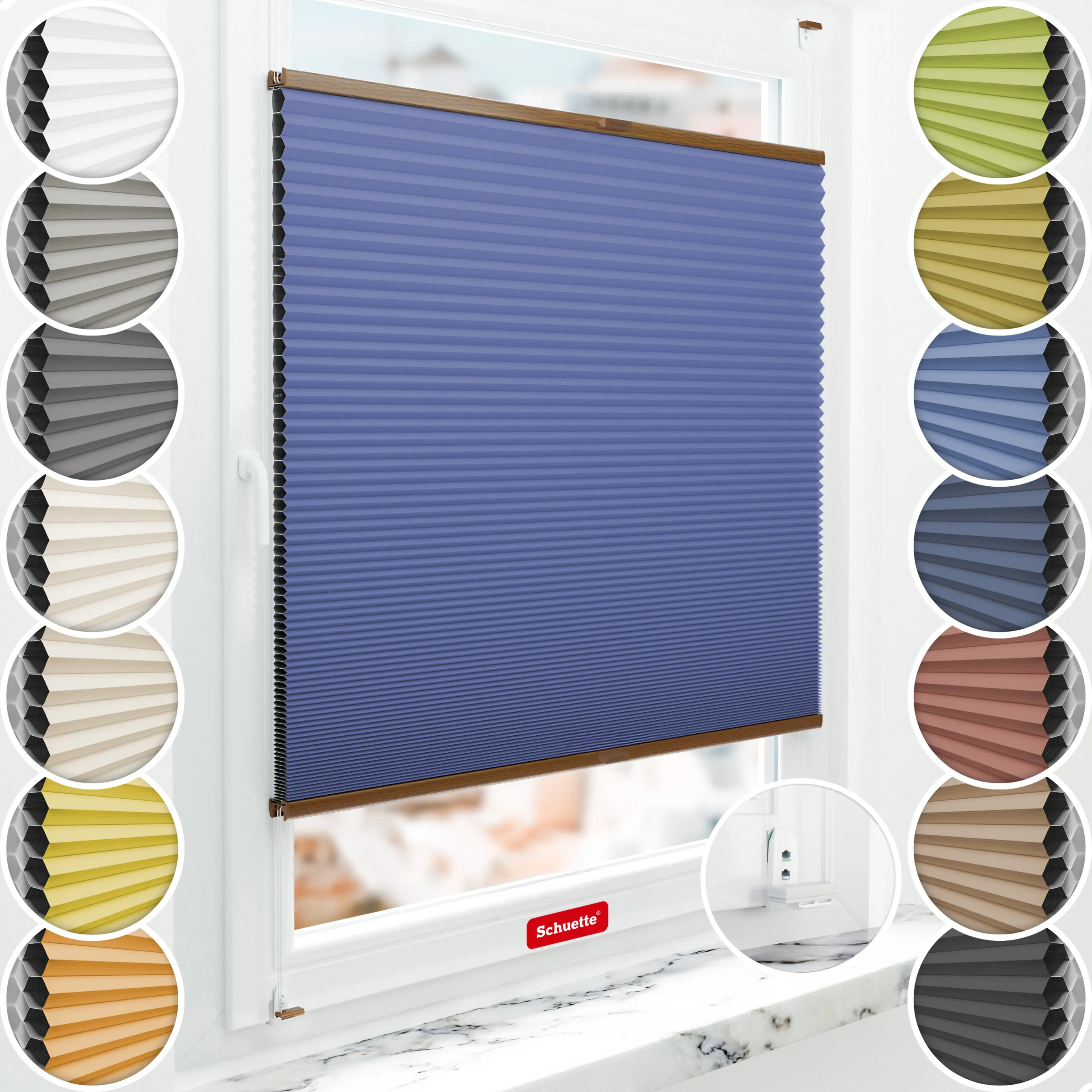 Schuette® Wabenplissee mit Bohren nach Maß • Suprafix "Double 2in1" Schraub- & Klemmhalter • Honey Kollektion: Skyline (Blau) • Profilfarbe: Eiche