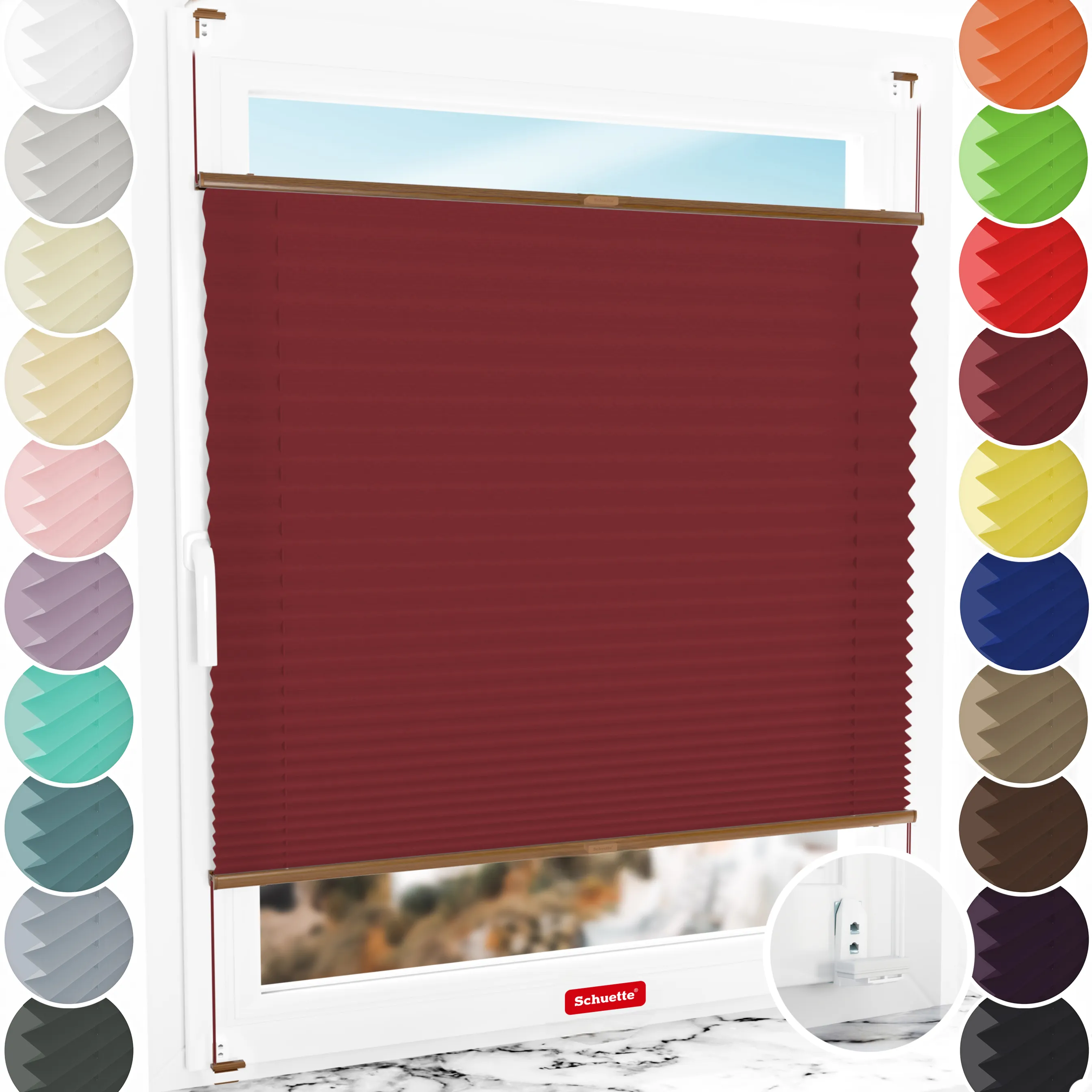 Schuette® Plissee mit Bohren nach Maß • Suprafix "Double 2in1" Schraub- & Klemmhalter • Premium Kollektion: Ruby Riddle (Dunkelrot) • Profilfarbe: Eiche