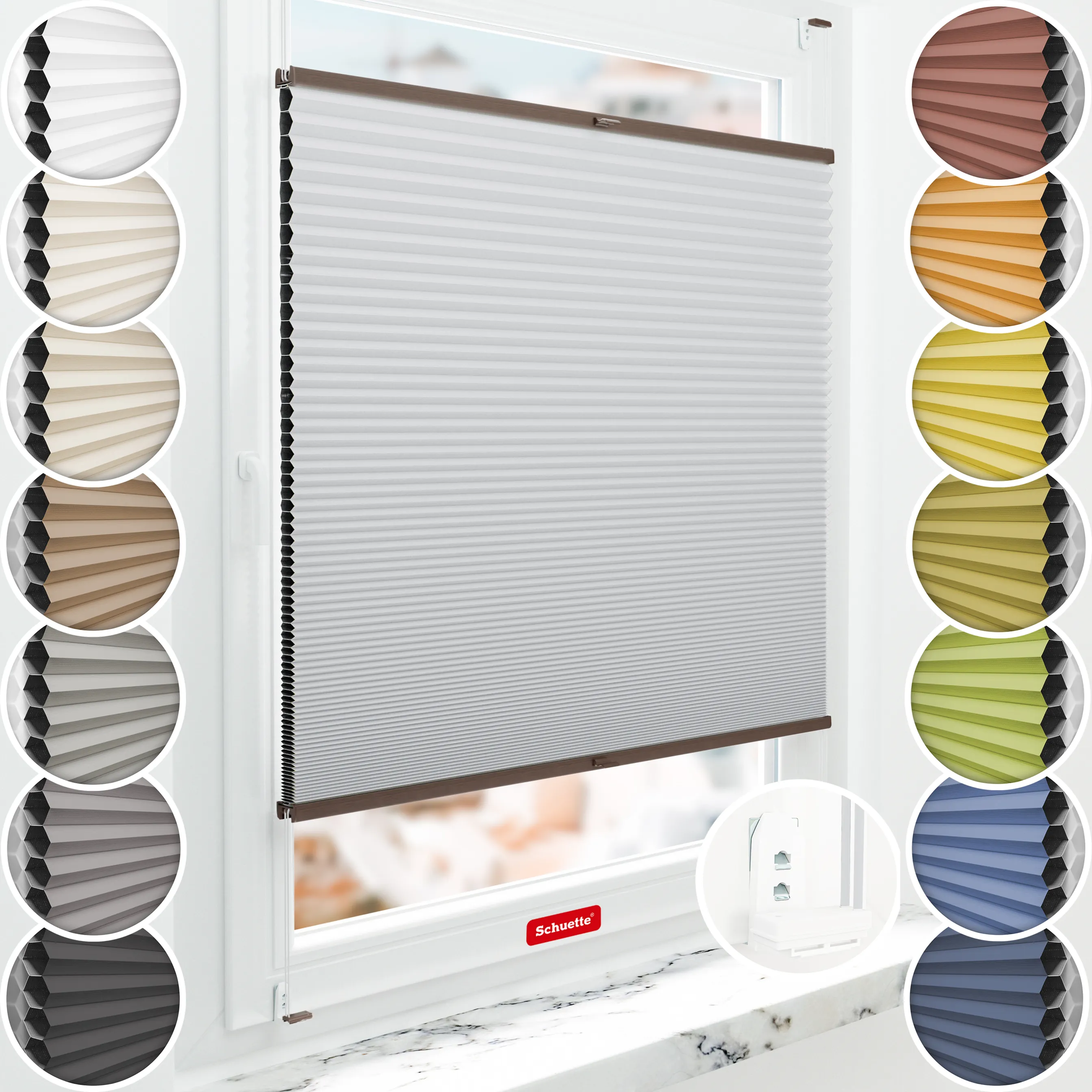 Schuette® Wabenplissee ohne Bohren nach Maß • Suprafix Klemmhalter “Double 2in1” • Honey Kollektion: Skyfall (Hellgrau) • Profilfarbe: Walnuss