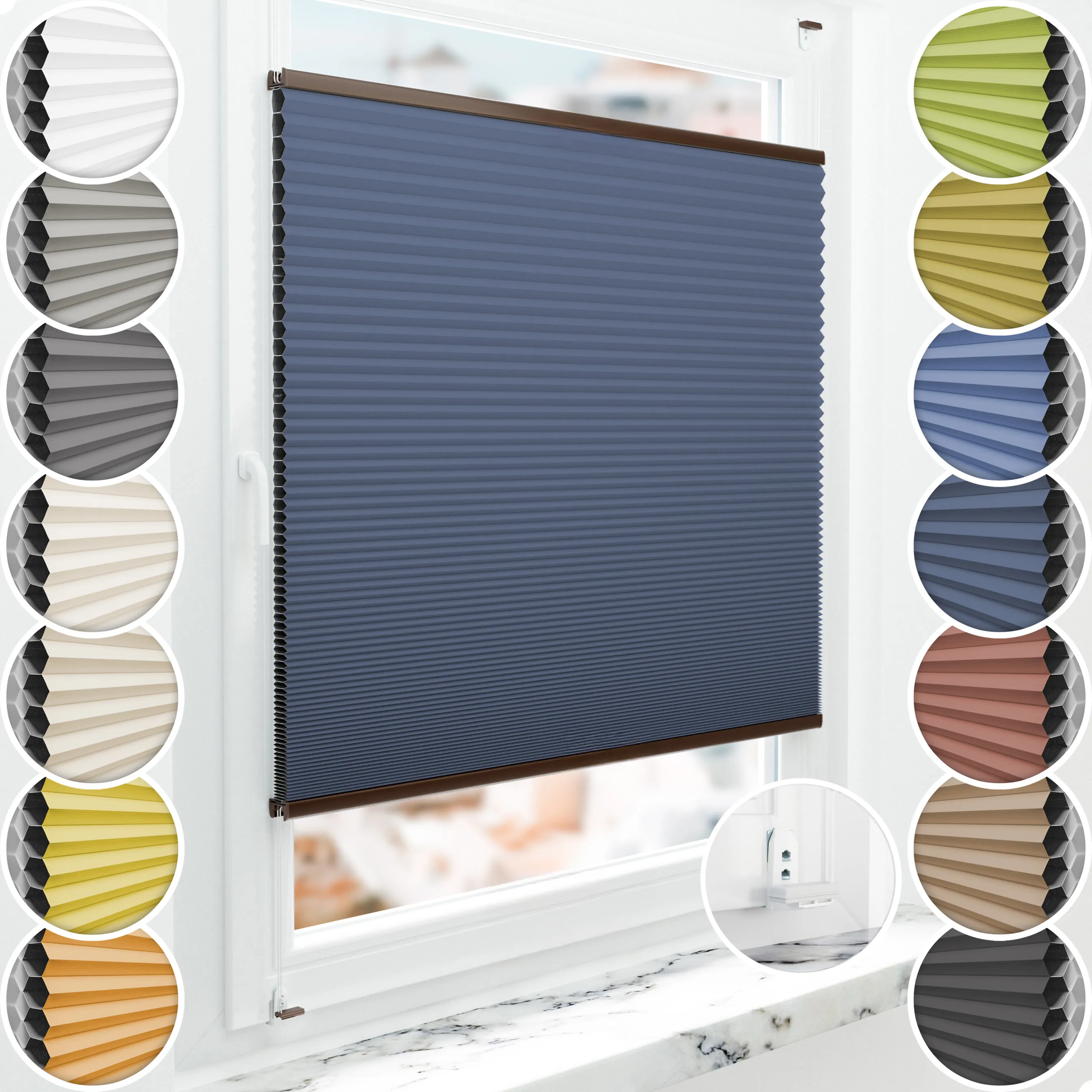 Schuette® Wabenplissee mit Bohren nach Maß • Suprafix "Double 2in1" Schraub- & Klemmhalter • Honey Kollektion: Arctic Ocean (Dunkelblau) • Profilfarbe: Braun