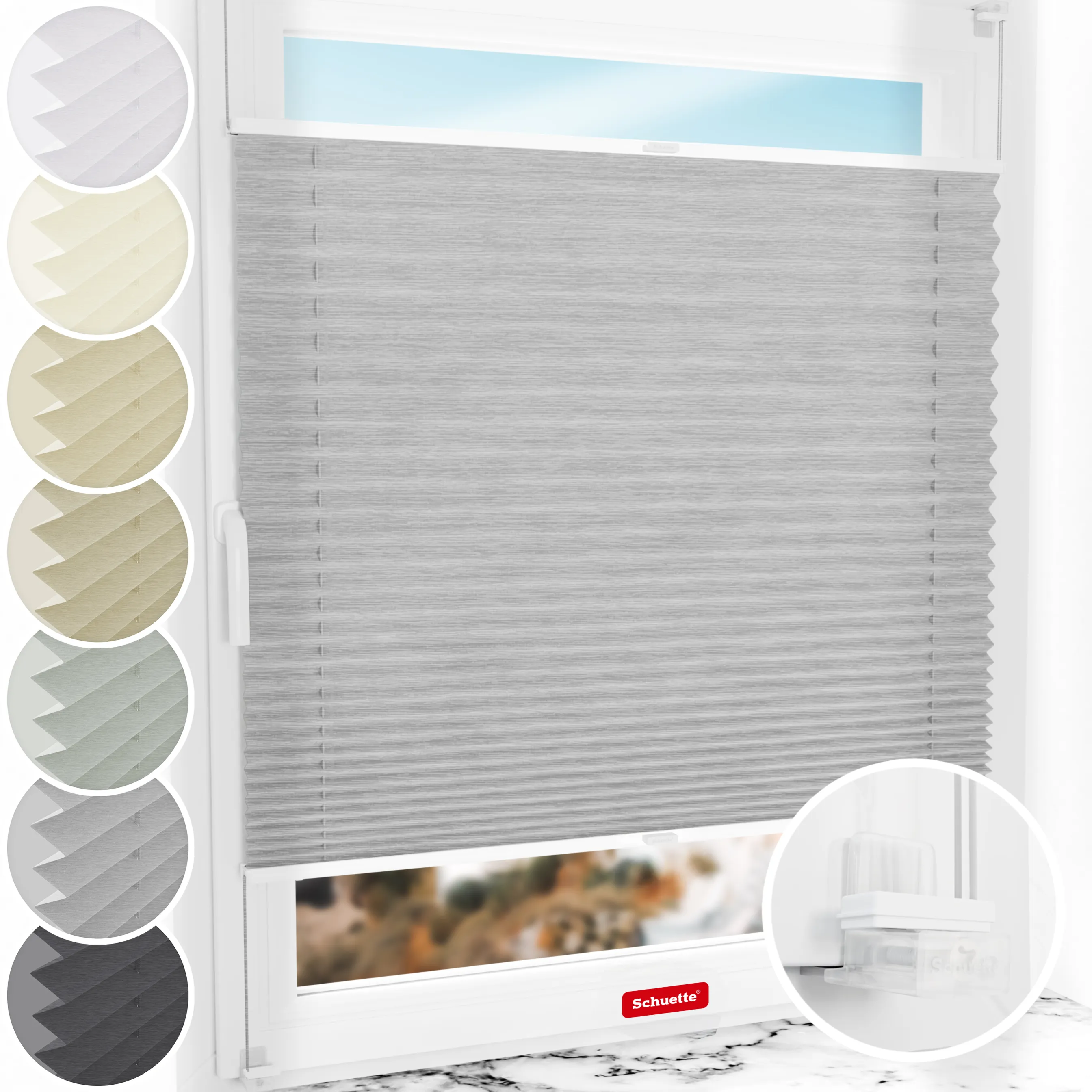 Schuette® Plissee ohne Bohren nach Maß • Suprafix Klemmhalter “Incognito X" • Dolomite Kollektion: Storm Gray (Grau) • Profilfarbe: Weiß