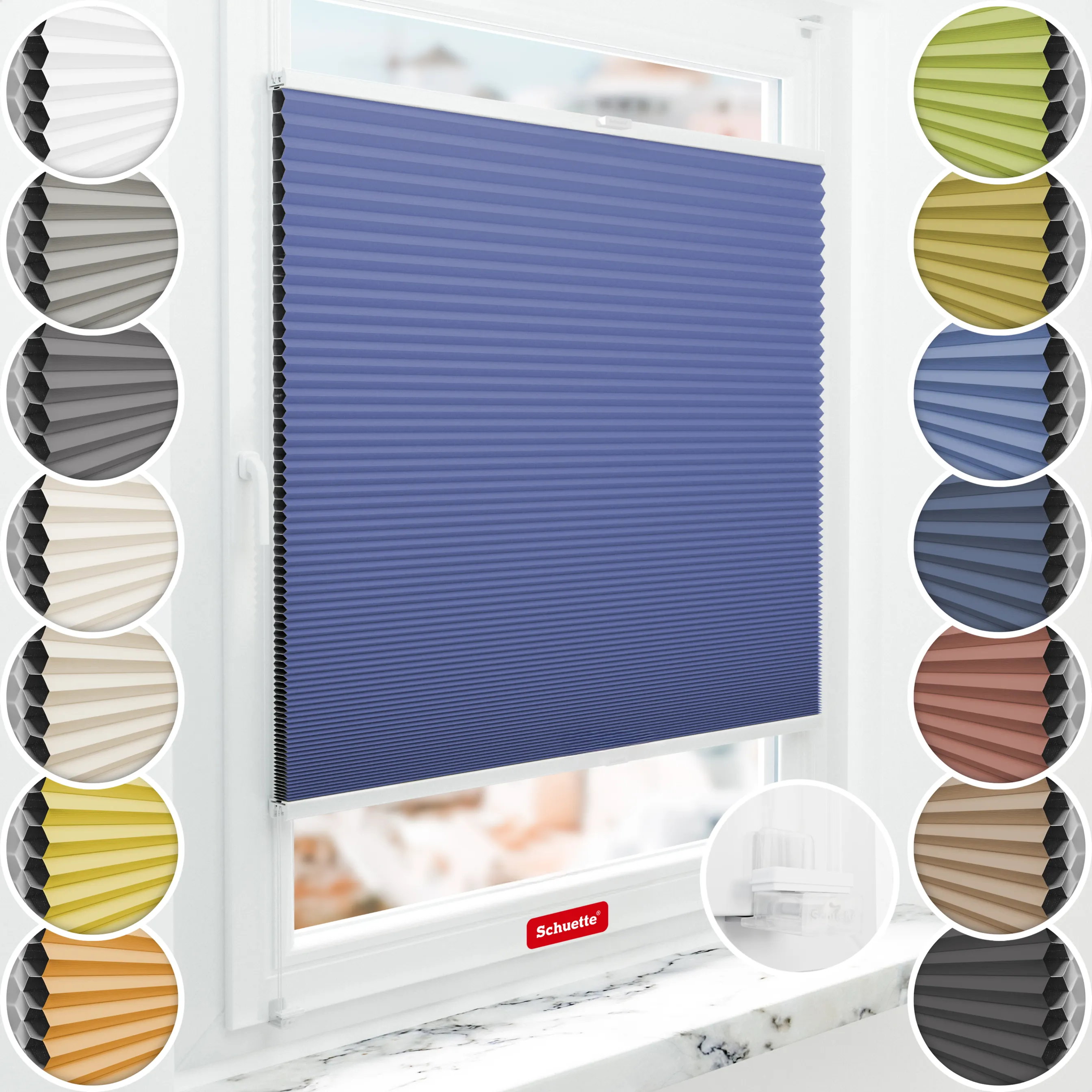 Schuette® Wabenplissee ohne Bohren nach Maß • Suprafix Klemmhalter “Incognito X" • Honey Kollektion: Skyline (Blau) • Profilfarbe: Weiß