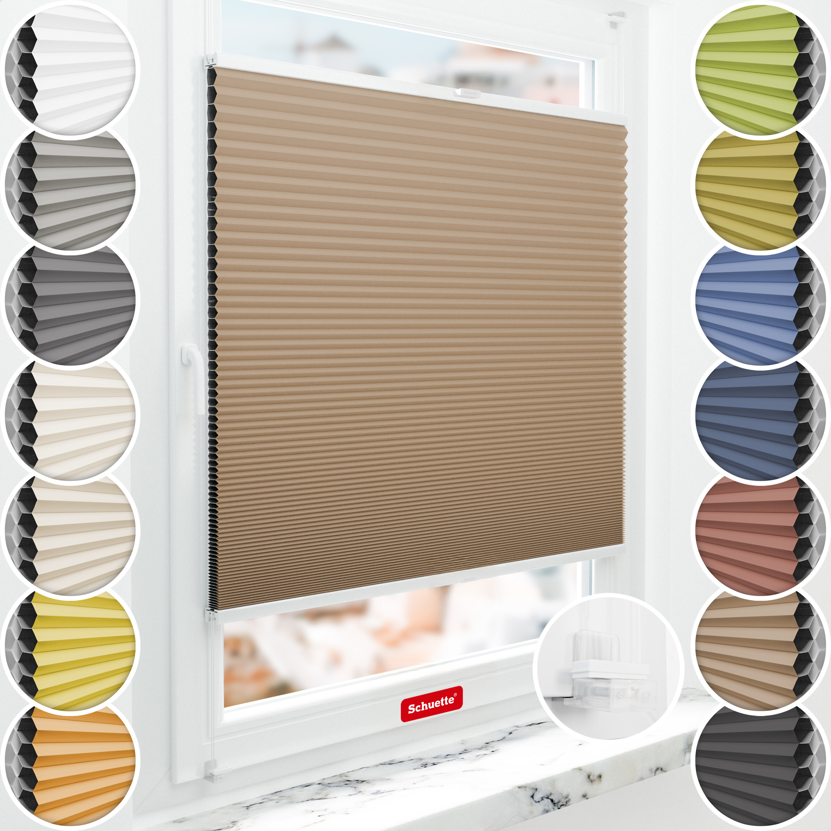 Schuette® Wabenplissee ohne Bohren nach Maß • Suprafix Klemmhalter “Incognito X" • Honey Kollektion: Maple Wood (Braun) • Profilfarbe: Weiß